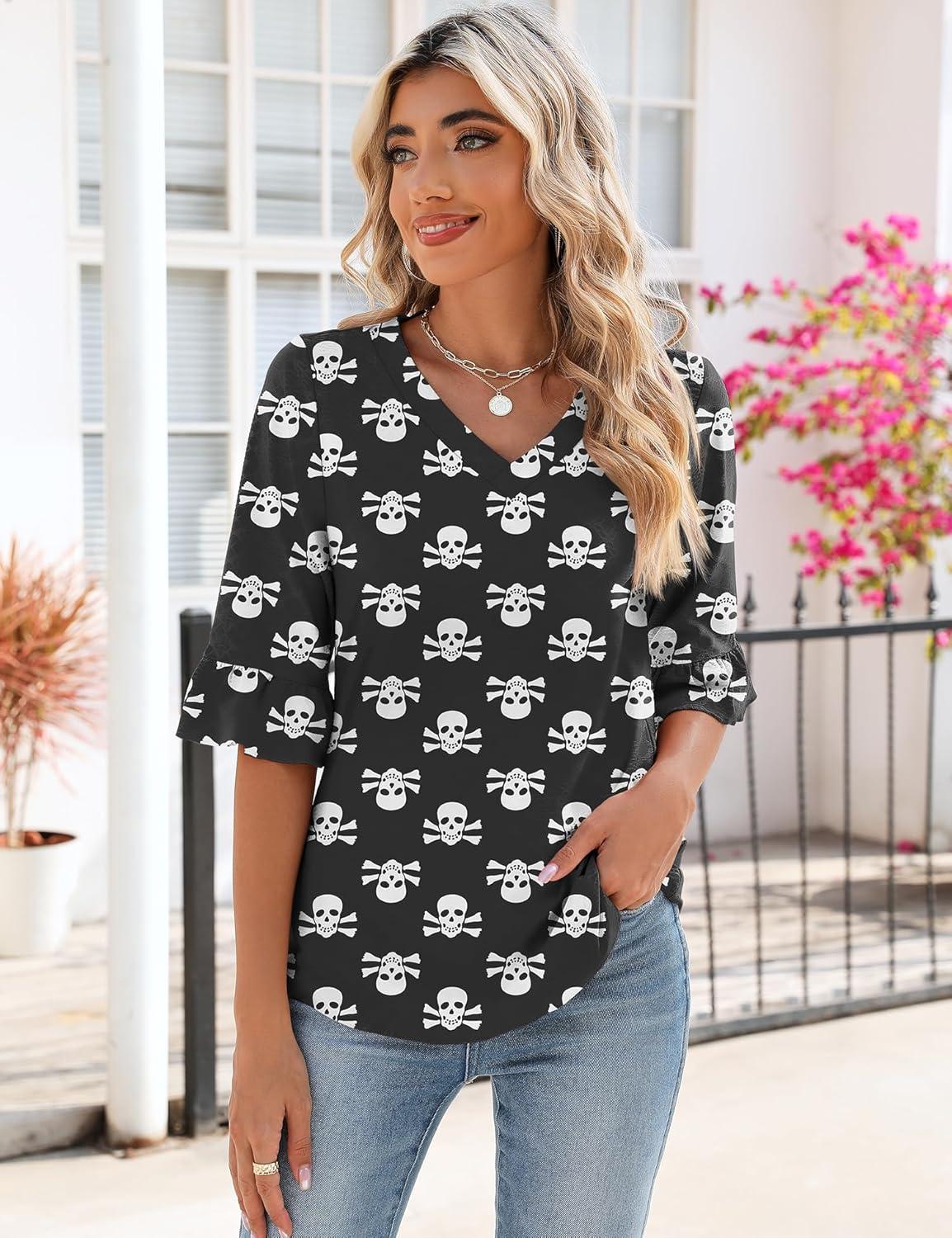 image:imageLOMON 34 Length Sleeve Womens Tops Summer VNeck Blouses Spring Ruffle Sleeve Tunic TShirts Dressy CasualHalloween Ghost