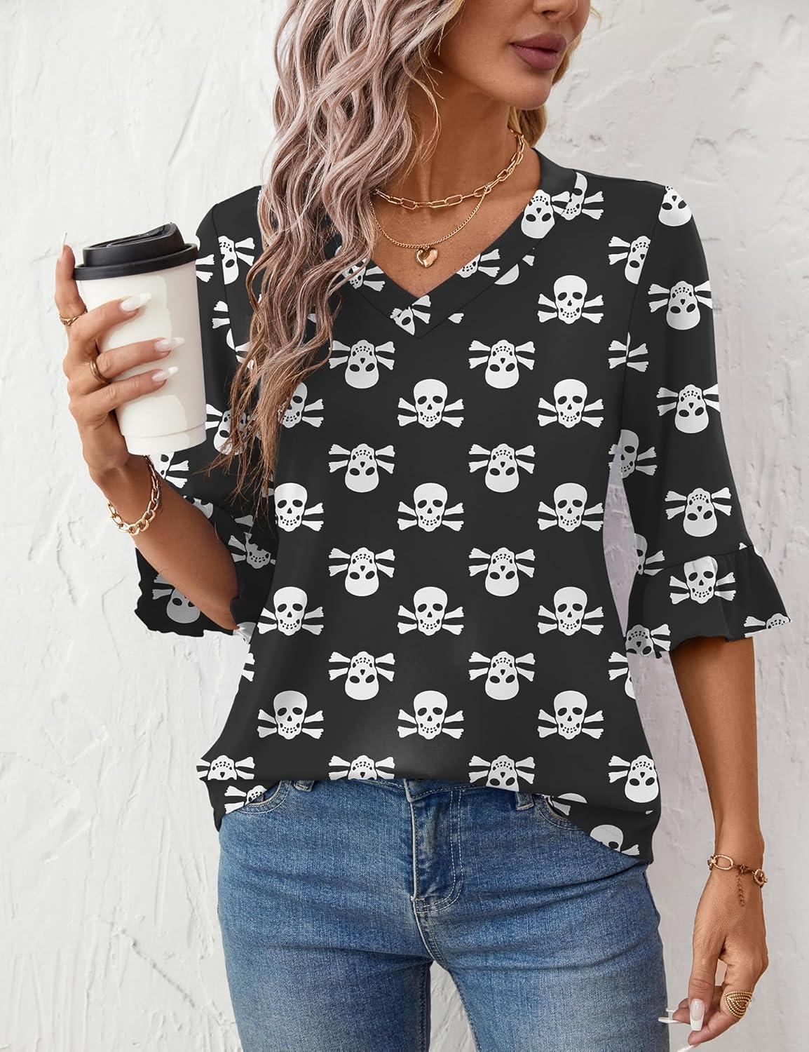 image:imageLOMON 34 Length Sleeve Womens Tops Summer VNeck Blouses Spring Ruffle Sleeve Tunic TShirts Dressy CasualHalloween Ghost