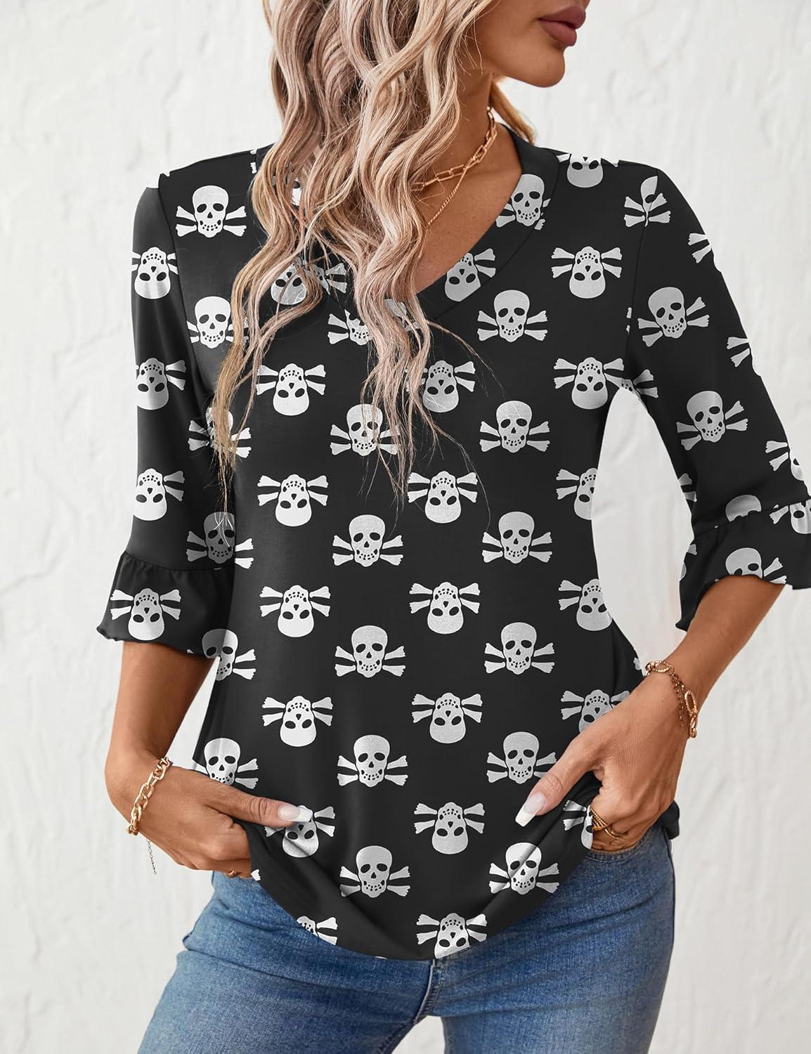 image:imageLOMON 34 Length Sleeve Womens Tops Summer VNeck Blouses Spring Ruffle Sleeve Tunic TShirts Dressy CasualHalloween Ghost