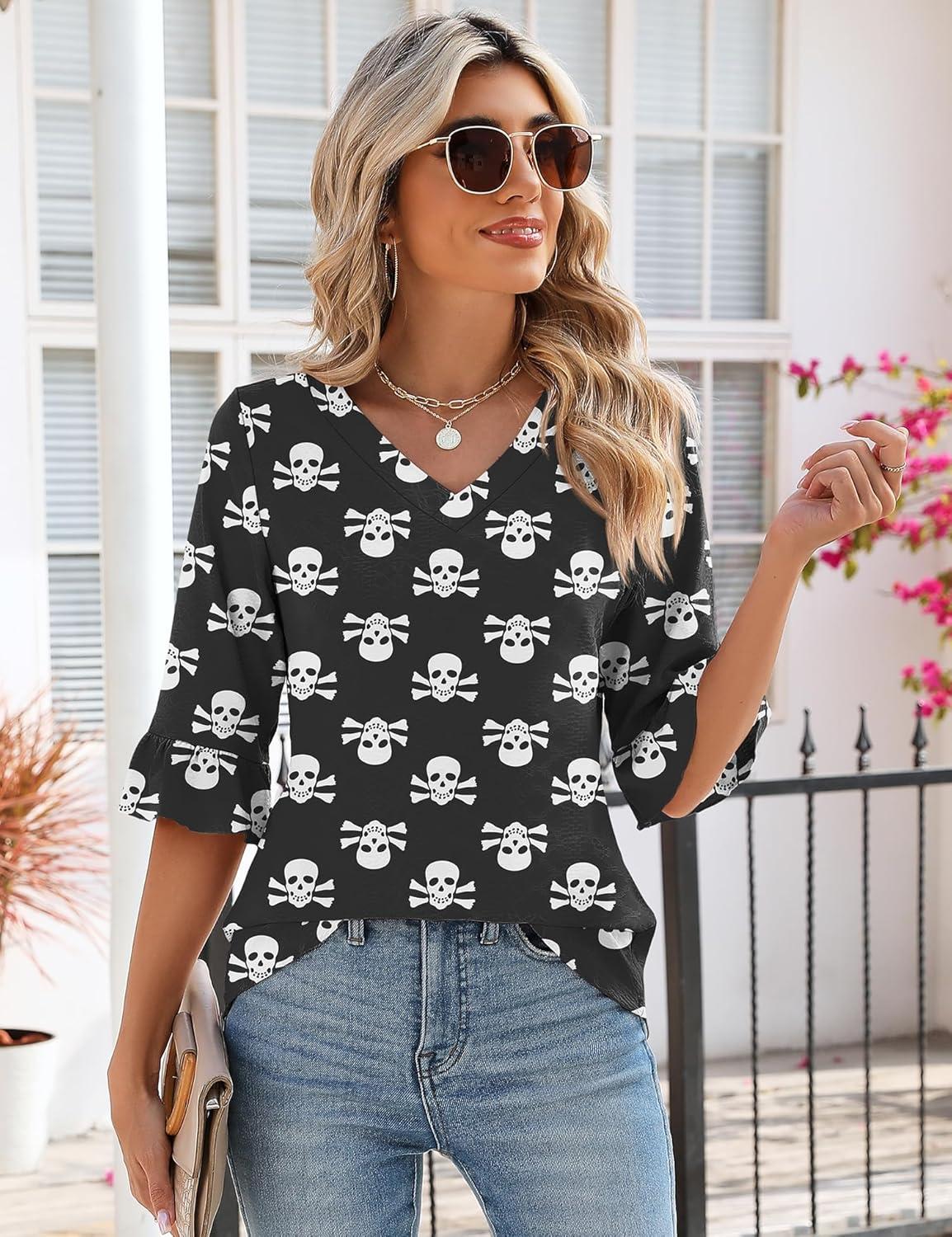 image:imageLOMON 34 Length Sleeve Womens Tops Summer VNeck Blouses Spring Ruffle Sleeve Tunic TShirts Dressy CasualHalloween Ghost