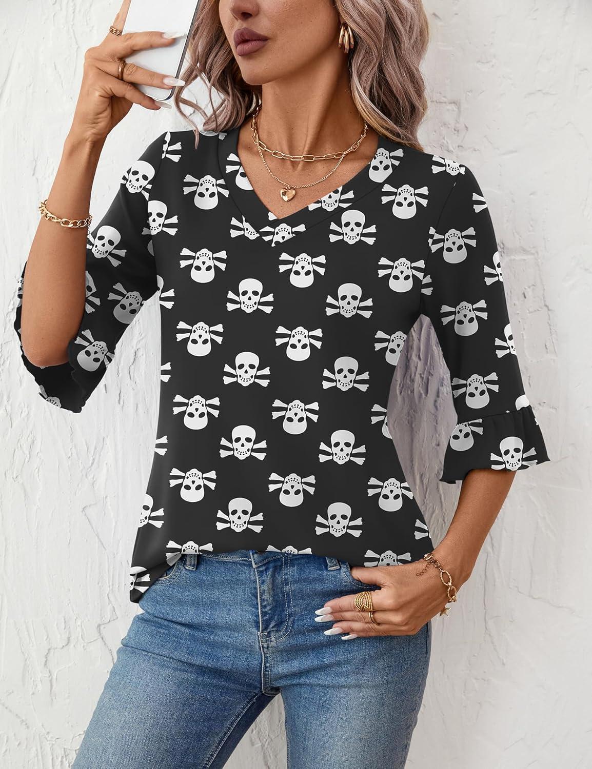 image:imageLOMON 34 Length Sleeve Womens Tops Summer VNeck Blouses Spring Ruffle Sleeve Tunic TShirts Dressy CasualHalloween Ghost