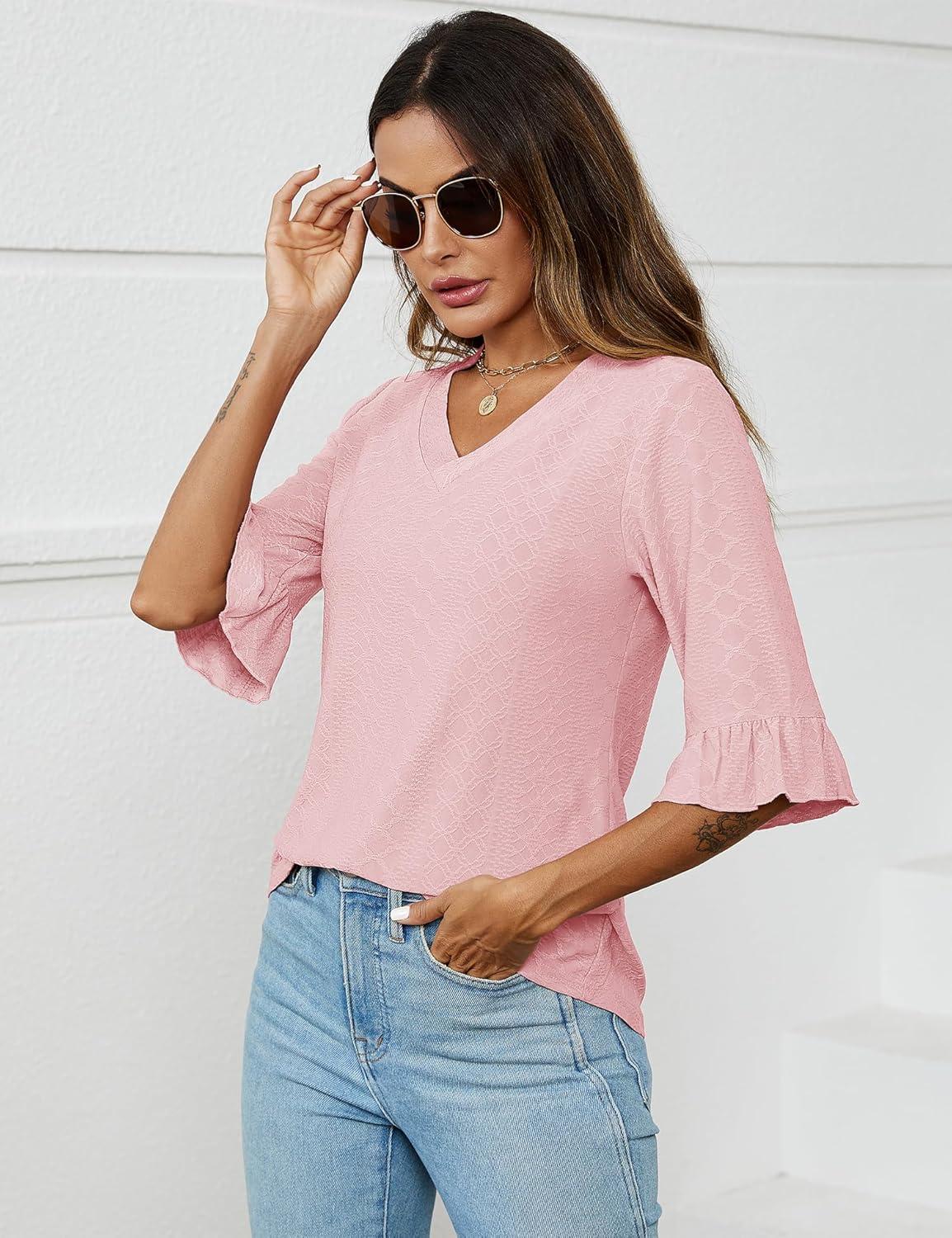 image:imageLOMON 34 Length Sleeve Womens Tops Summer VNeck Blouses Spring Ruffle Sleeve Tunic TShirts Dressy CasualLight Pink