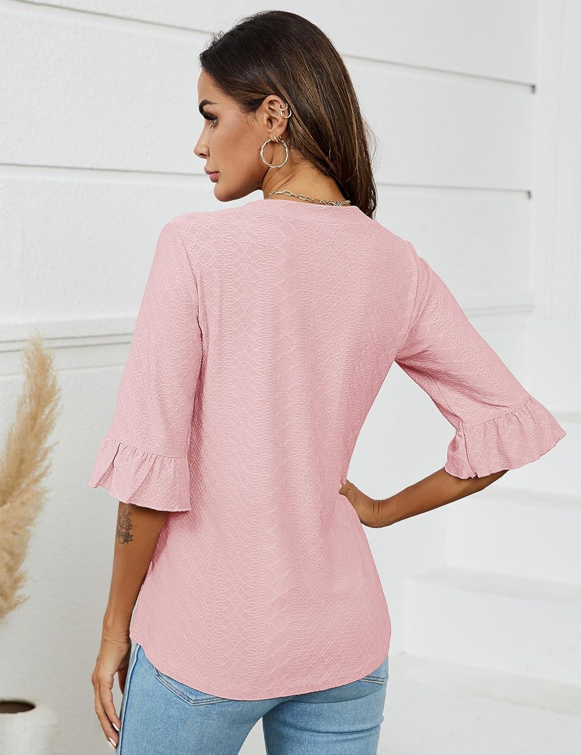 image:imageLOMON 34 Length Sleeve Womens Tops Summer VNeck Blouses Spring Ruffle Sleeve Tunic TShirts Dressy CasualLight Pink