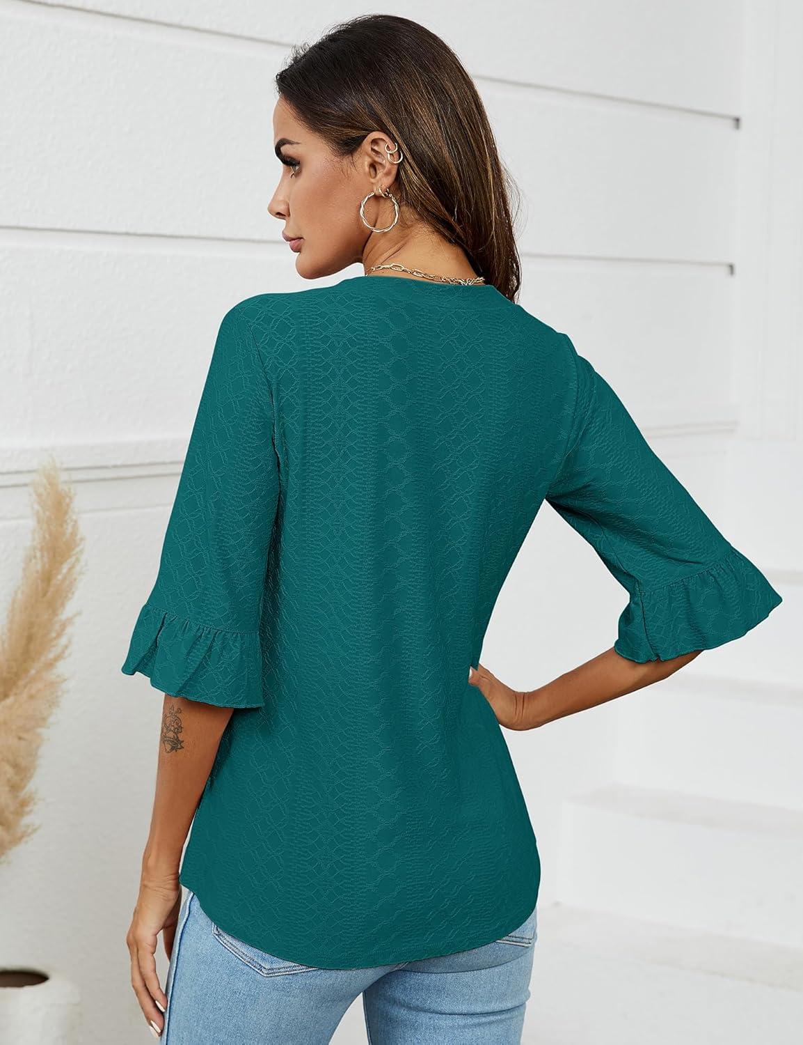 image:imageLOMON 34 Length Sleeve Womens Tops Summer VNeck Blouses Spring Ruffle Sleeve Tunic TShirts Dressy CasualPeacock Blue
