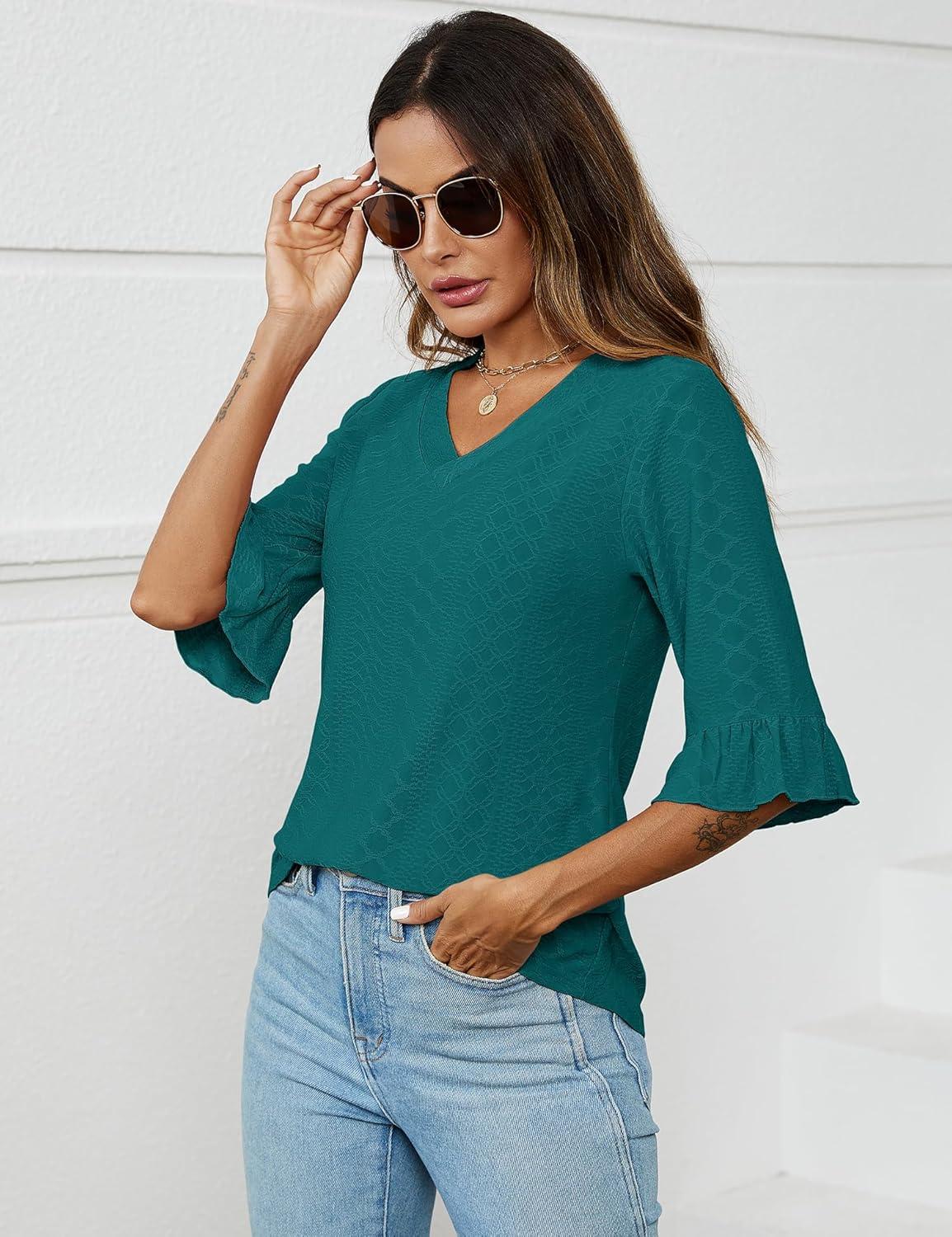 image:imageLOMON 34 Length Sleeve Womens Tops Summer VNeck Blouses Spring Ruffle Sleeve Tunic TShirts Dressy CasualPeacock Blue