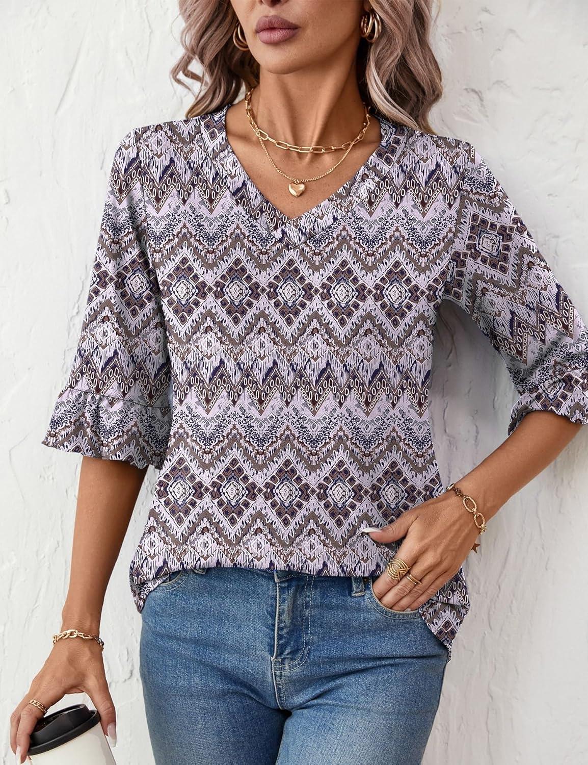 image:imageLOMON 34 Length Sleeve Womens Tops Summer VNeck Blouses Spring Ruffle Sleeve Tunic TShirts Dressy CasualPurple Boho