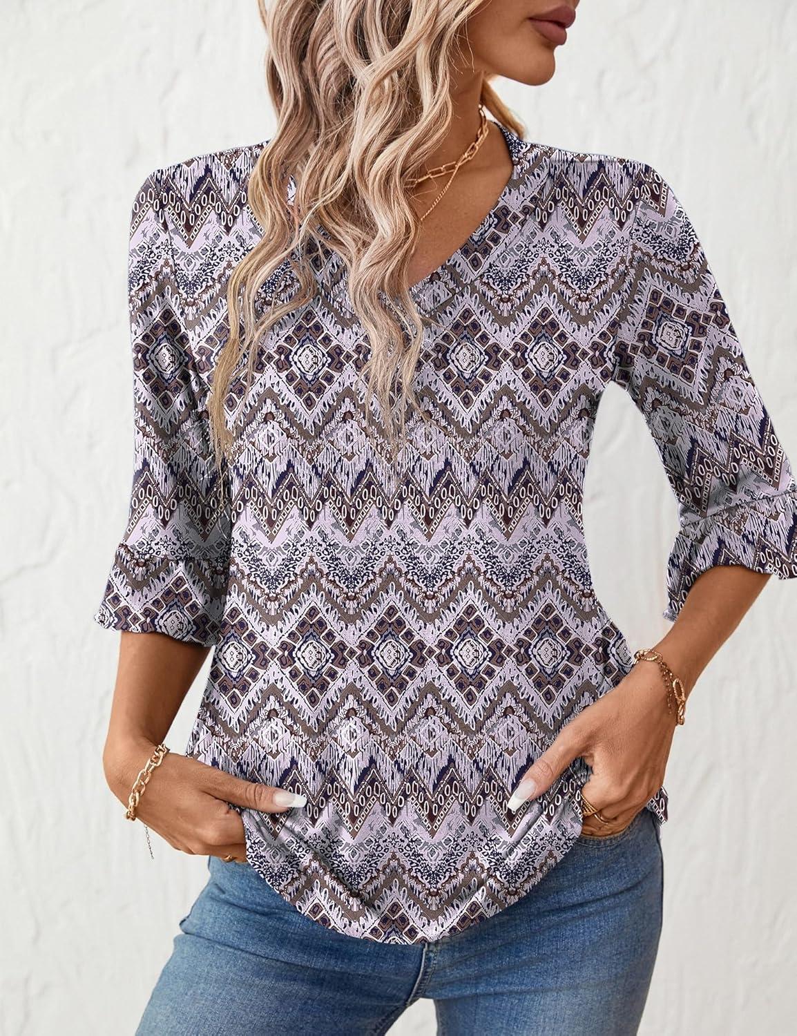 image:imageLOMON 34 Length Sleeve Womens Tops Summer VNeck Blouses Spring Ruffle Sleeve Tunic TShirts Dressy CasualPurple Boho