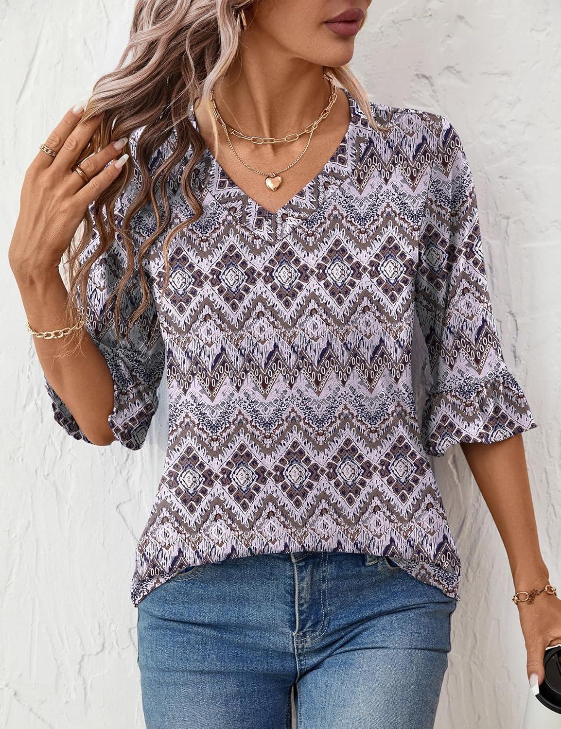 image:imageLOMON 34 Length Sleeve Womens Tops Summer VNeck Blouses Spring Ruffle Sleeve Tunic TShirts Dressy CasualPurple Boho