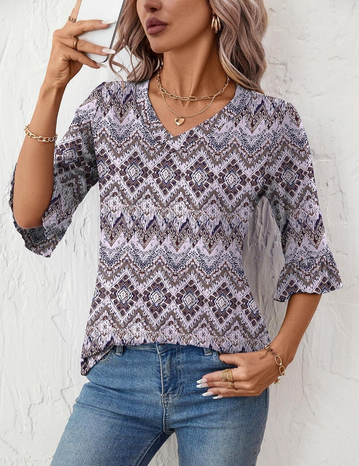 image:imageLOMON 34 Length Sleeve Womens Tops Summer VNeck Blouses Spring Ruffle Sleeve Tunic TShirts Dressy CasualPurple Boho