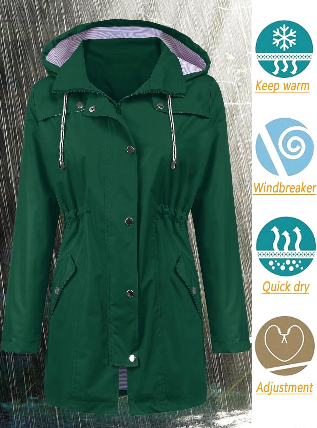 image:imageLOMON Raincoat Women Waterproof Long Hooded Trench Coats Lined Windbreaker Travel Jacket SXXLDeep Green