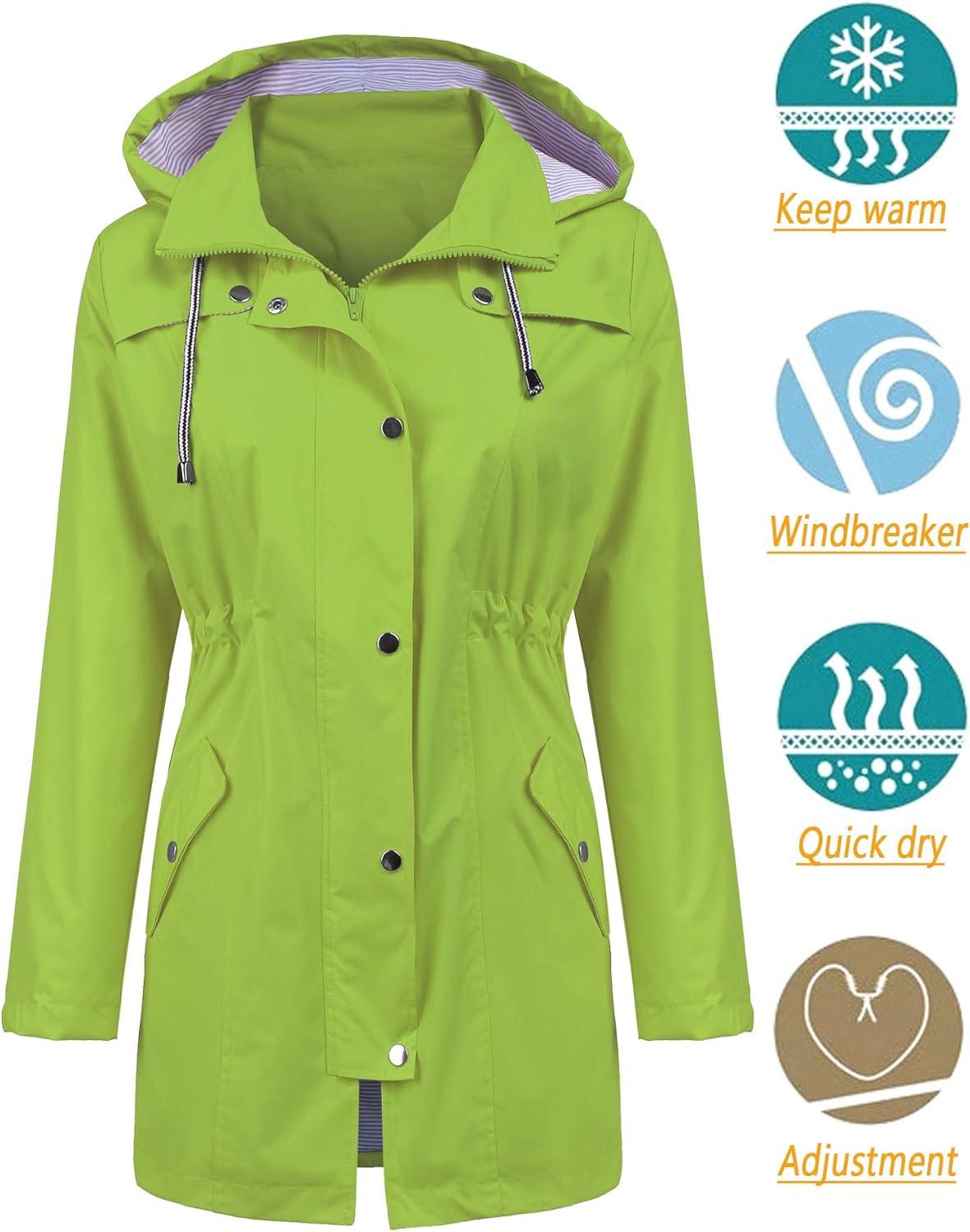 image:imageLOMON Raincoat Women Waterproof Long Hooded Trench Coats Lined Windbreaker Travel Jacket SXXLGreen