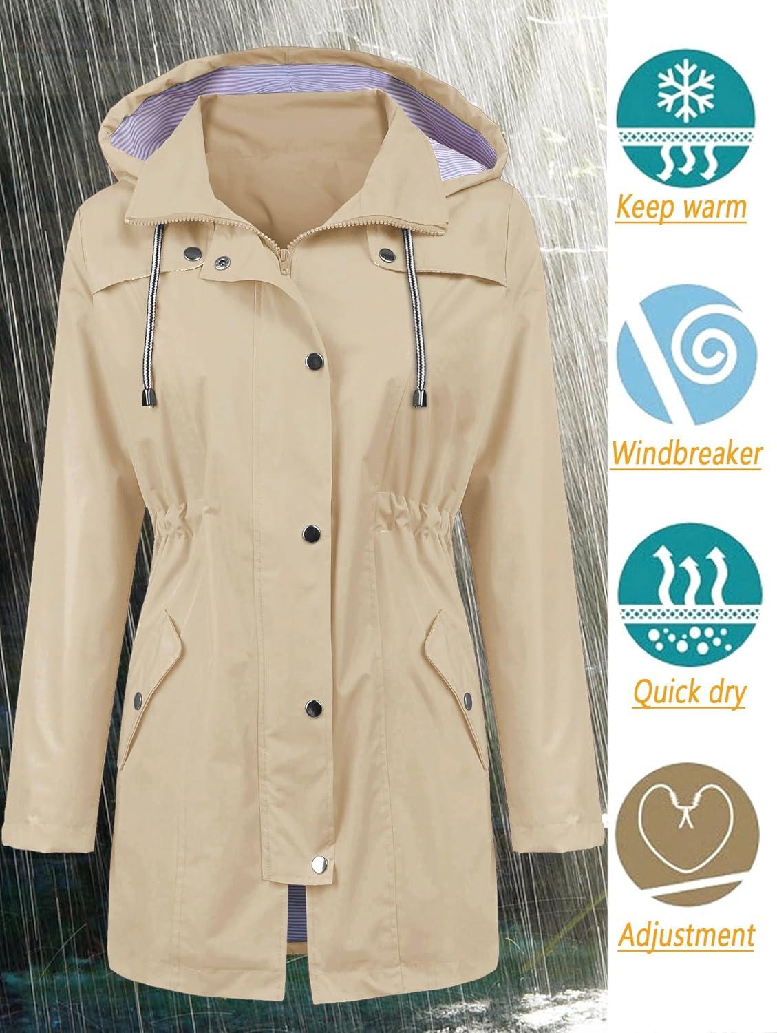 image:imageLOMON Raincoat Women Waterproof Long Hooded Trench Coats Lined Windbreaker Travel Jacket SXXLKhaki