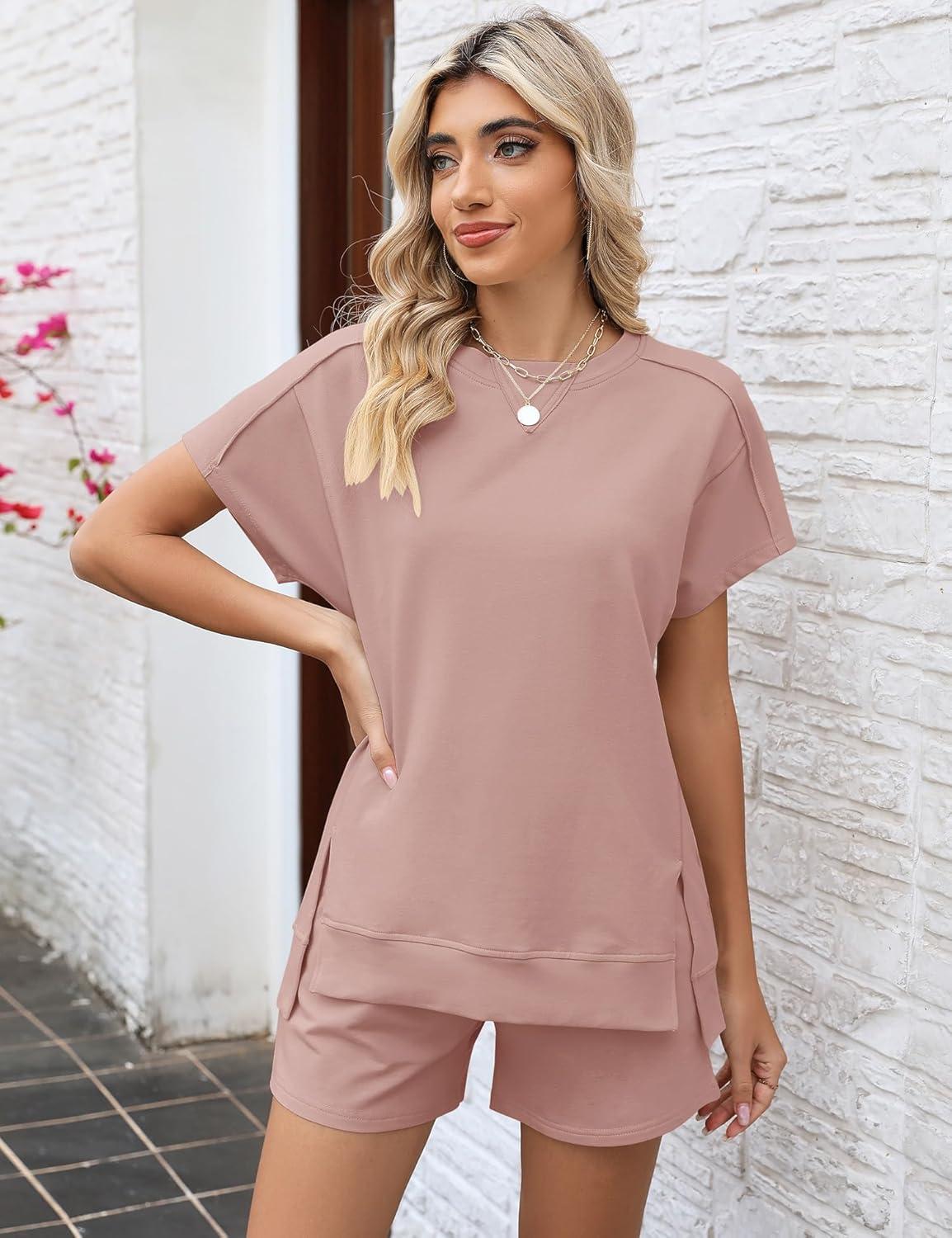 image:imageLOMON Womens Fashion 2 Piece Outfits Sweatsuits 2026 Summer Short Sleeve Loungewear Tracksuit Round Neck Lounge Shorts SetsAdobe Rose