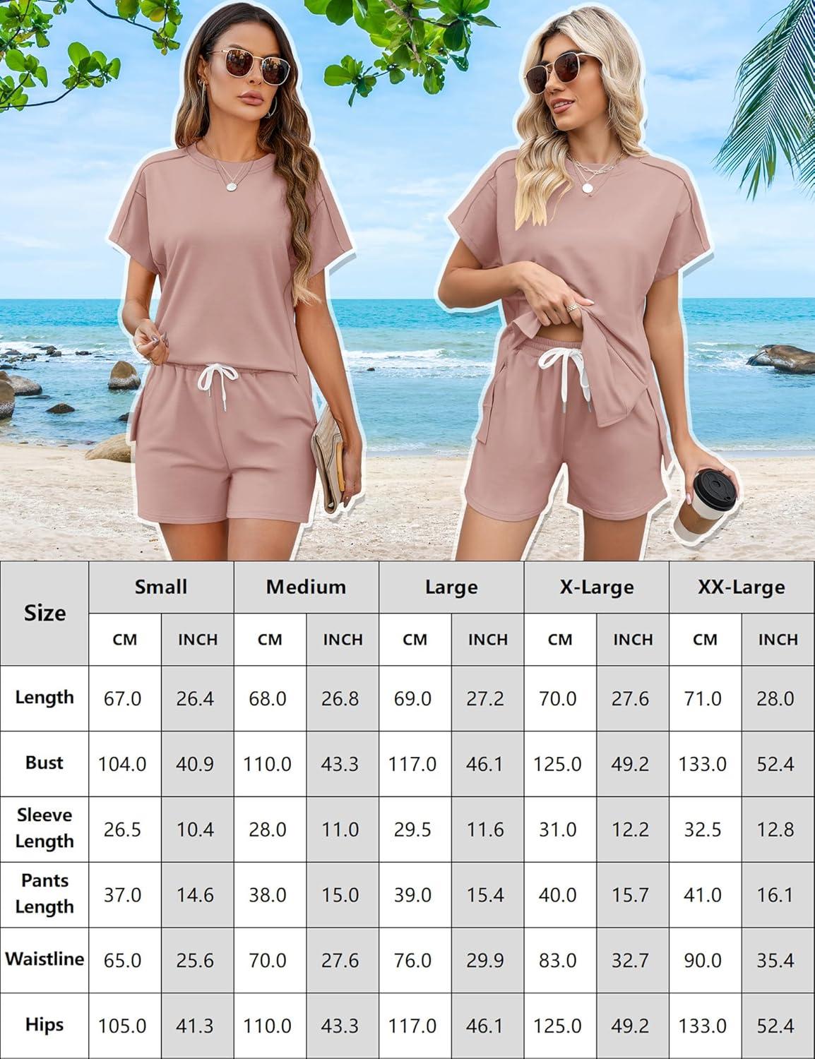 image:imageLOMON Womens Fashion 2 Piece Outfits Sweatsuits 2026 Summer Short Sleeve Loungewear Tracksuit Round Neck Lounge Shorts SetsAdobe Rose