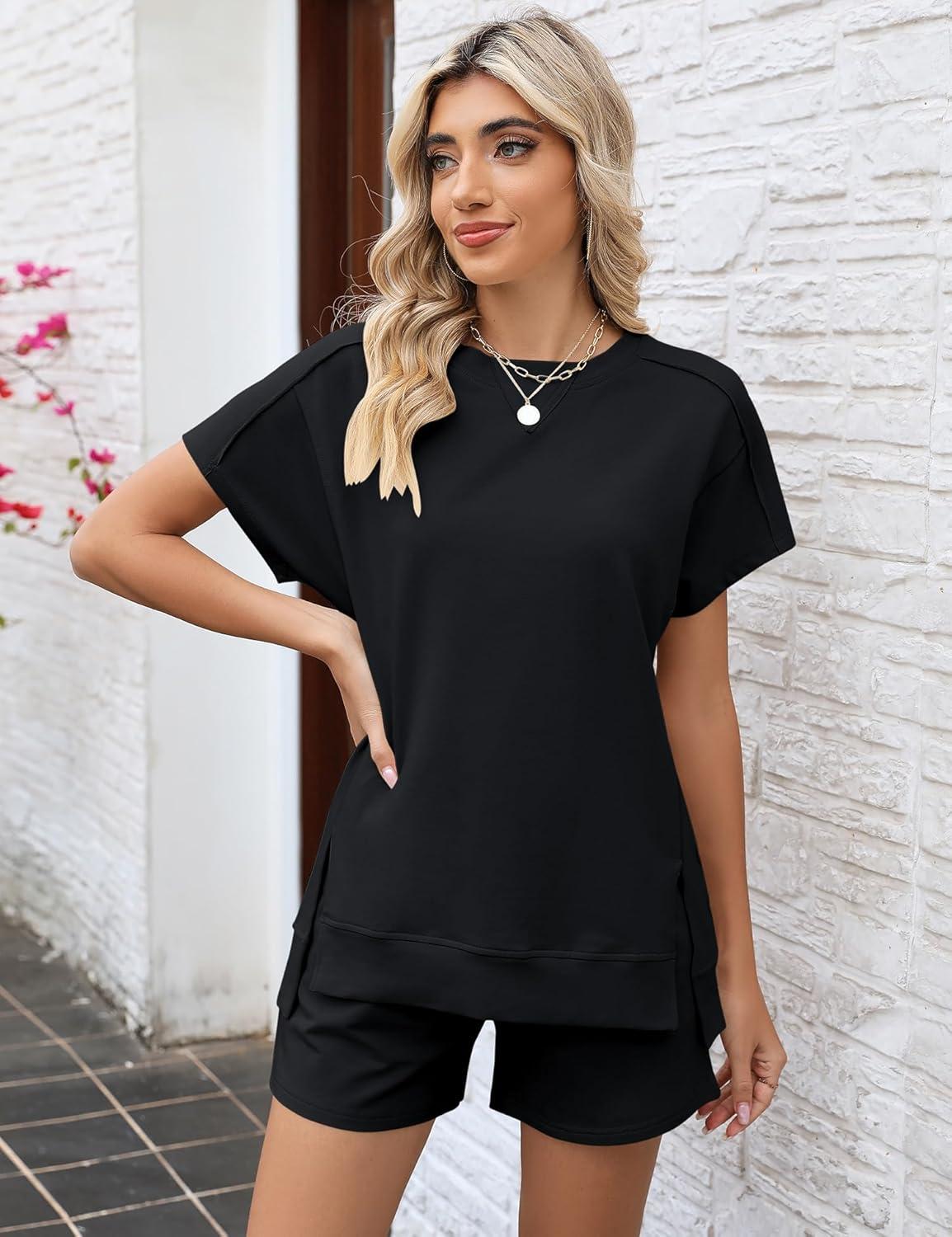 image:imageLOMON Womens Fashion 2 Piece Outfits Sweatsuits 2026 Summer Short Sleeve Loungewear Tracksuit Round Neck Lounge Shorts SetsBlack