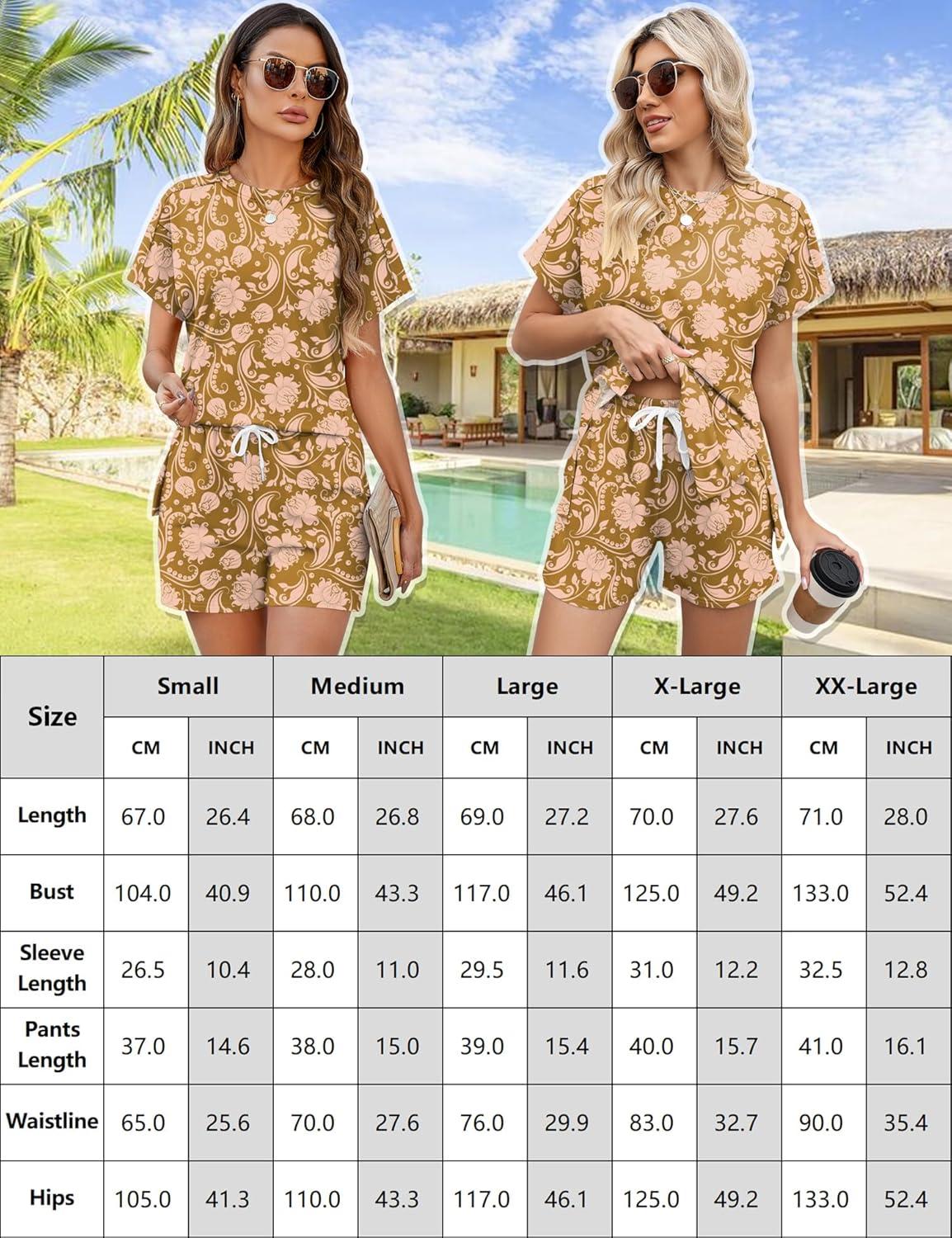 image:imageLOMON Womens Fashion 2 Piece Outfits Sweatsuits 2026 Summer Short Sleeve Loungewear Tracksuit Round Neck Lounge Shorts SetsBrown Floral