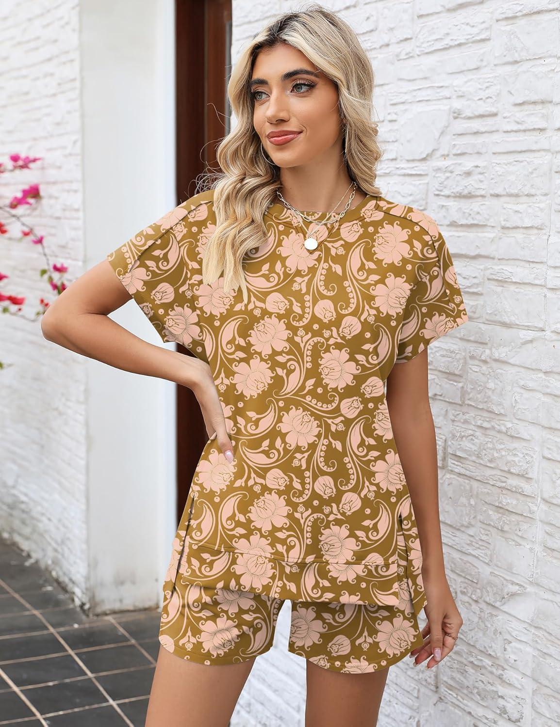 image:imageLOMON Womens Fashion 2 Piece Outfits Sweatsuits 2026 Summer Short Sleeve Loungewear Tracksuit Round Neck Lounge Shorts SetsBrown Floral