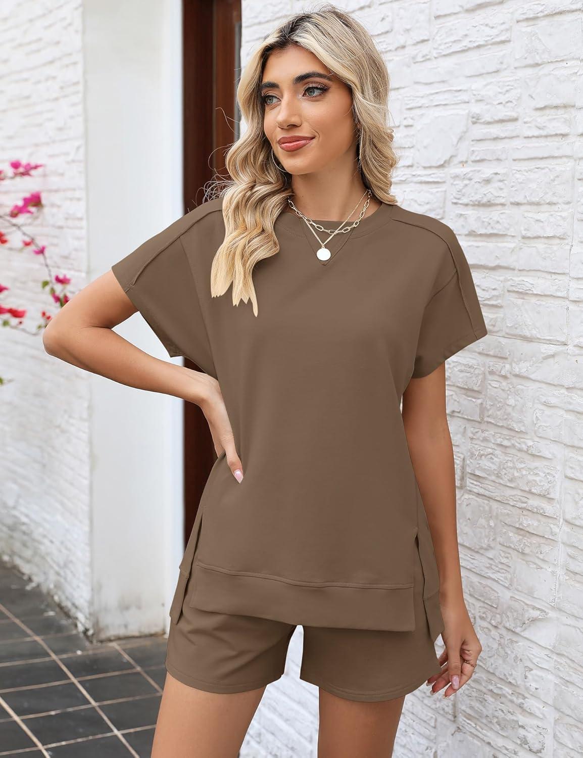image:imageLOMON Womens Fashion 2 Piece Outfits Sweatsuits 2026 Summer Short Sleeve Loungewear Tracksuit Round Neck Lounge Shorts SetsKhaki