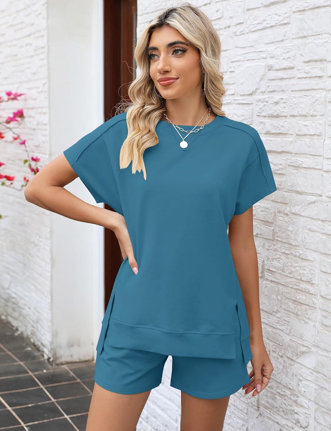 image:imageLOMON Womens Fashion 2 Piece Outfits Sweatsuits 2026 Summer Short Sleeve Loungewear Tracksuit Round Neck Lounge Shorts SetsLight Blue