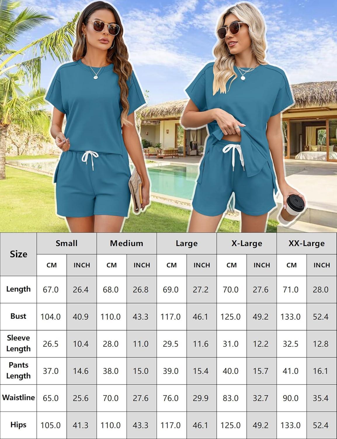 image:imageLOMON Womens Fashion 2 Piece Outfits Sweatsuits 2026 Summer Short Sleeve Loungewear Tracksuit Round Neck Lounge Shorts SetsLight Blue