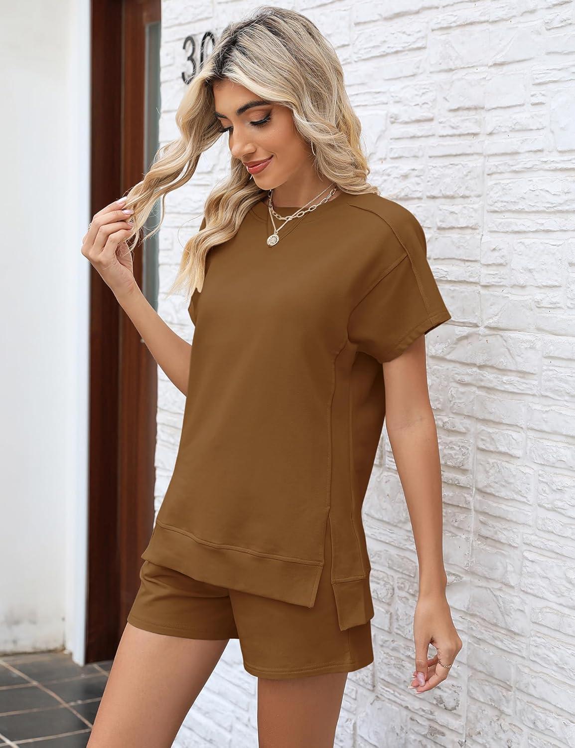 image:imageLOMON Womens Fashion 2 Piece Outfits Sweatsuits 2026 Summer Short Sleeve Loungewear Tracksuit Round Neck Lounge Shorts SetsLight Coffee