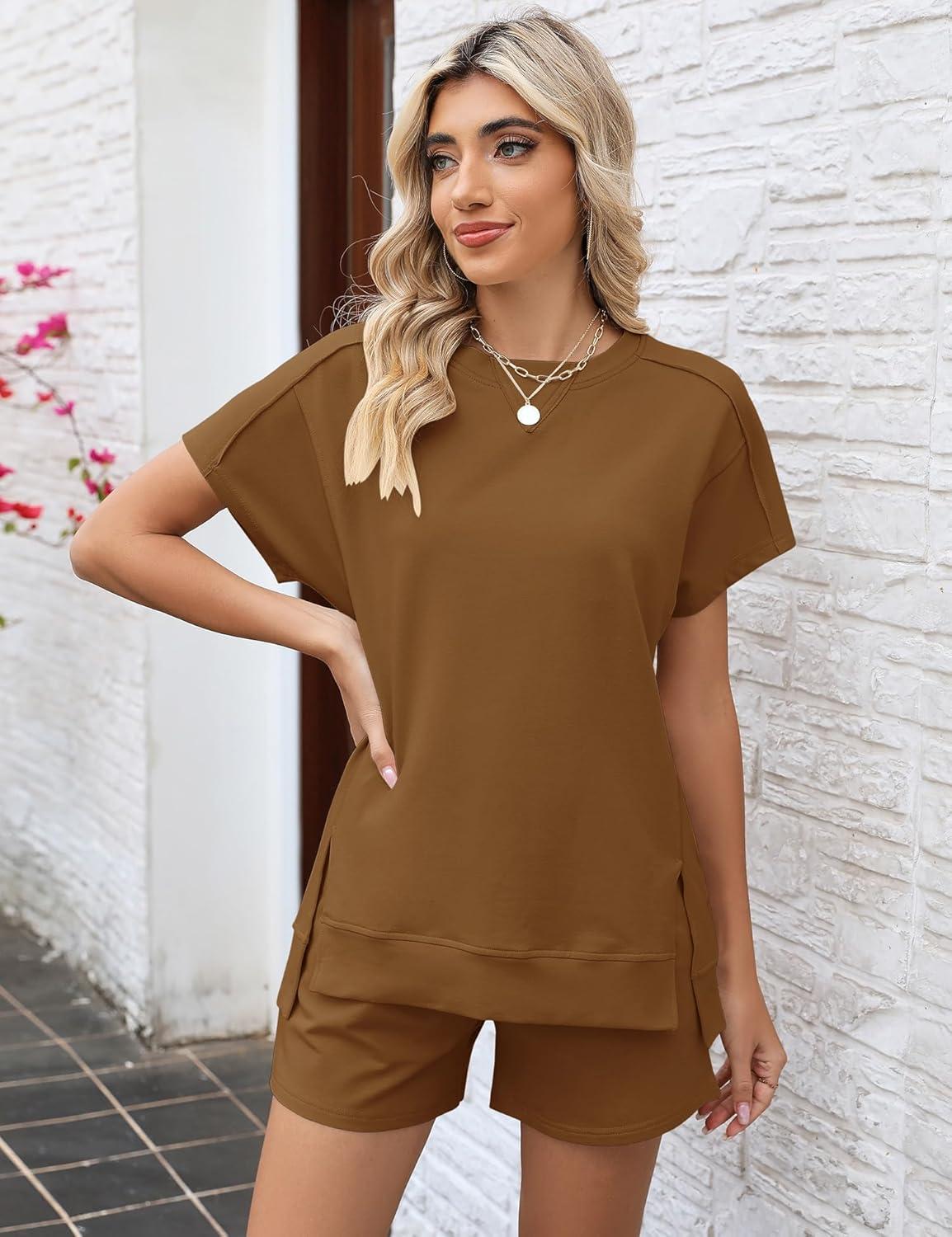 image:imageLOMON Womens Fashion 2 Piece Outfits Sweatsuits 2026 Summer Short Sleeve Loungewear Tracksuit Round Neck Lounge Shorts SetsLight Coffee