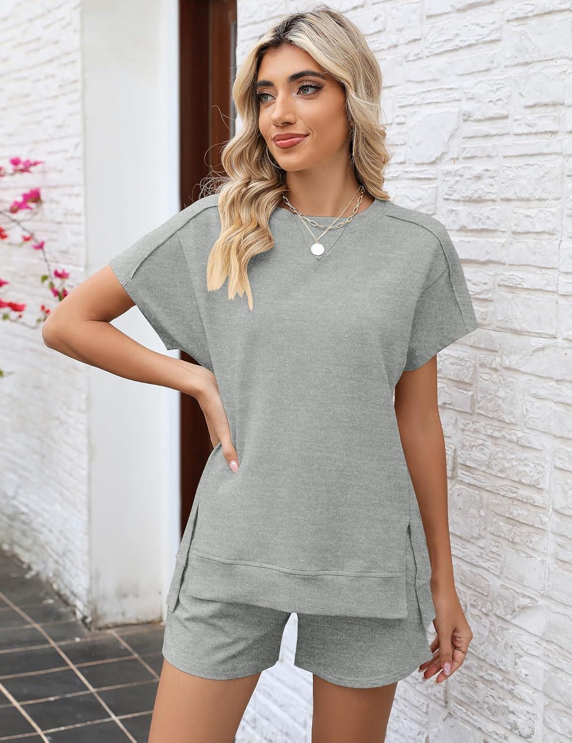 image:imageLOMON Womens Fashion 2 Piece Outfits Sweatsuits 2026 Summer Short Sleeve Loungewear Tracksuit Round Neck Lounge Shorts SetsLight Grey