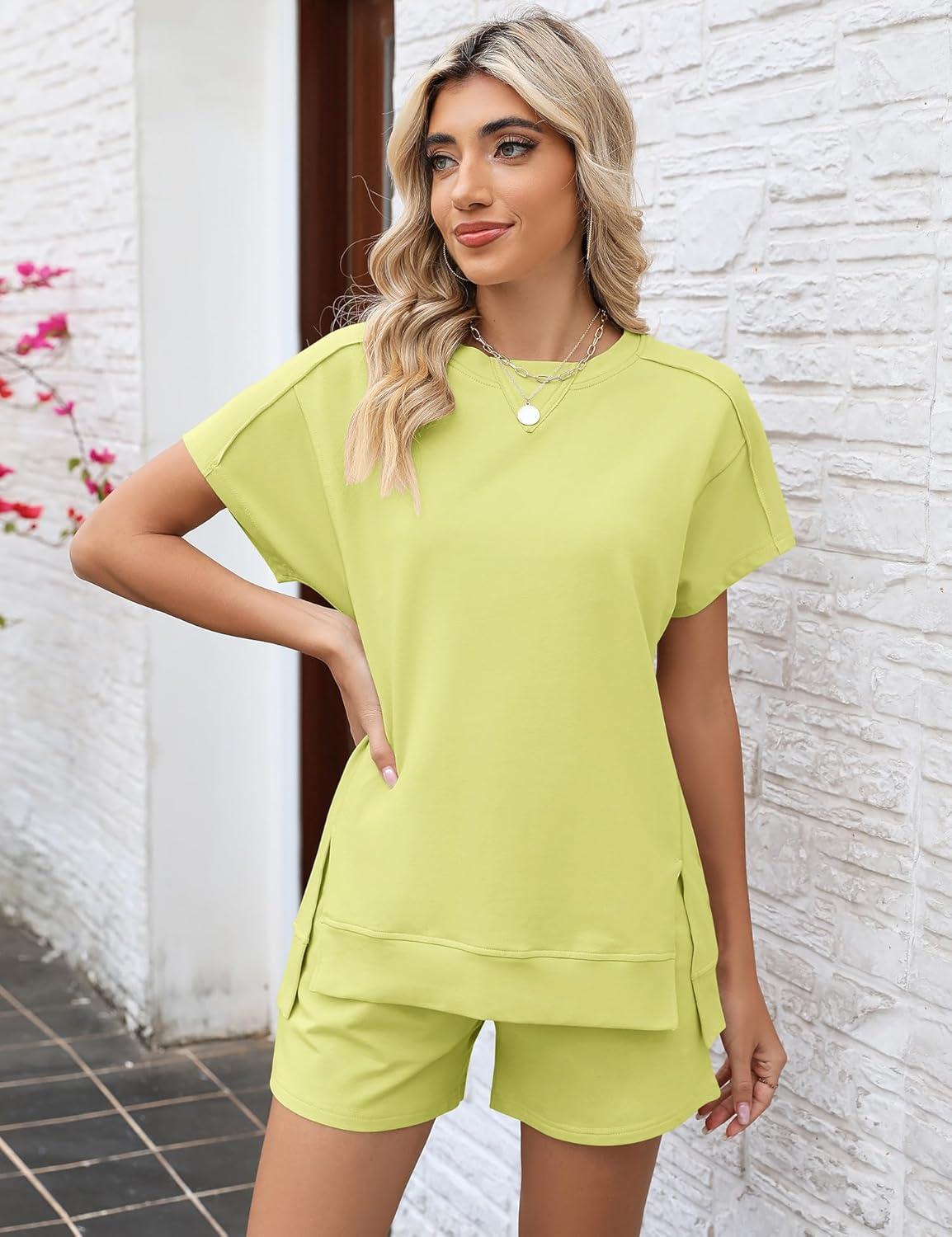 image:imageLOMON Womens Fashion 2 Piece Outfits Sweatsuits 2026 Summer Short Sleeve Loungewear Tracksuit Round Neck Lounge Shorts SetsLime Cream