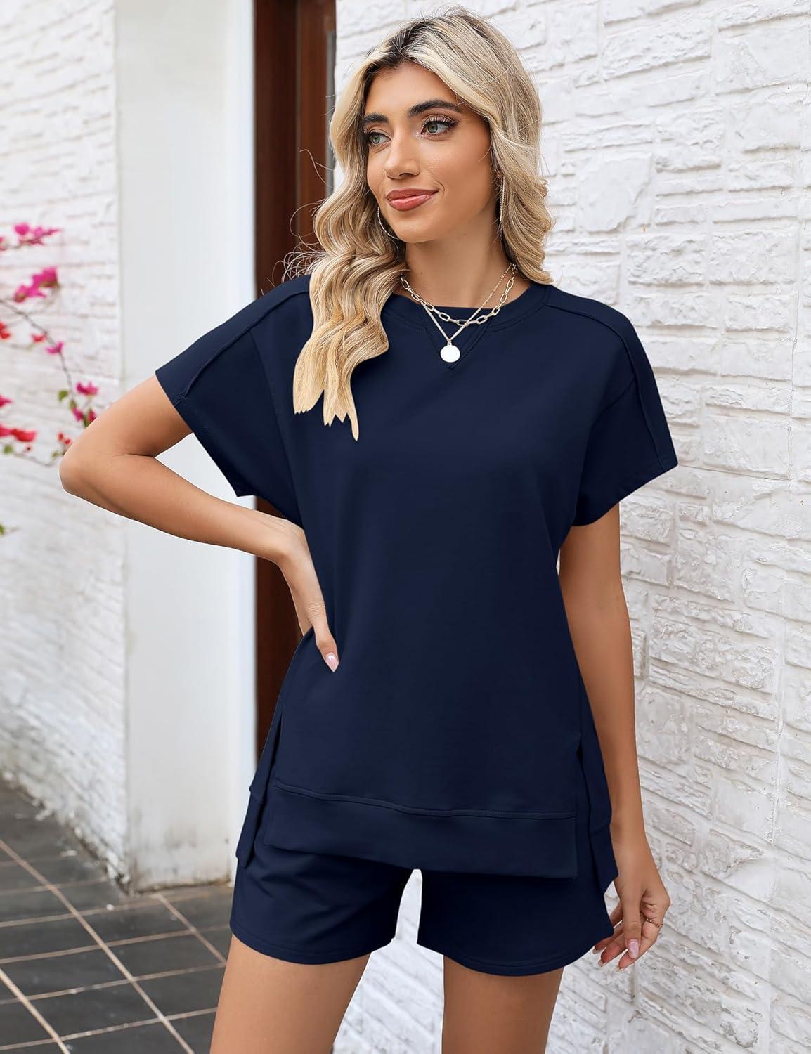 image:imageLOMON Womens Fashion 2 Piece Outfits Sweatsuits 2026 Summer Short Sleeve Loungewear Tracksuit Round Neck Lounge Shorts SetsNavy Blue