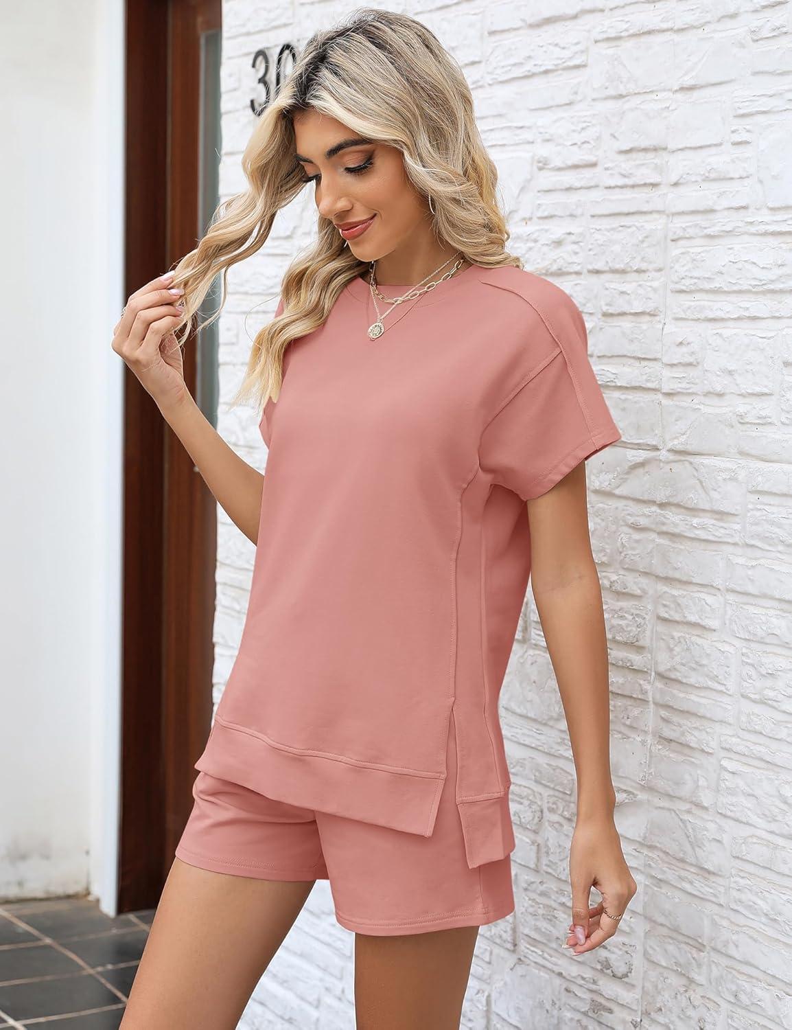 image:imageLOMON Womens Fashion 2 Piece Outfits Sweatsuits 2026 Summer Short Sleeve Loungewear Tracksuit Round Neck Lounge Shorts SetsPink