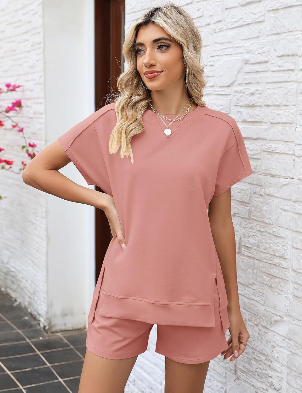 image:imageLOMON Womens Fashion 2 Piece Outfits Sweatsuits 2026 Summer Short Sleeve Loungewear Tracksuit Round Neck Lounge Shorts SetsPink