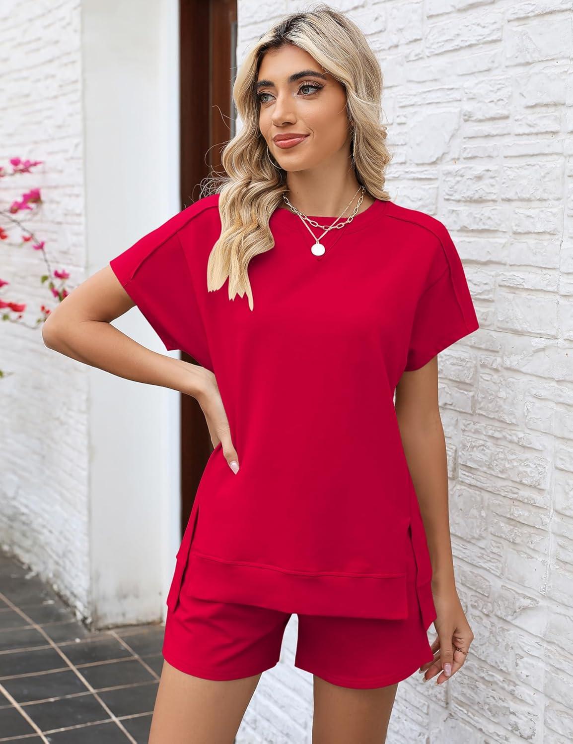 image:imageLOMON Womens Fashion 2 Piece Outfits Sweatsuits 2026 Summer Short Sleeve Loungewear Tracksuit Round Neck Lounge Shorts SetsRed