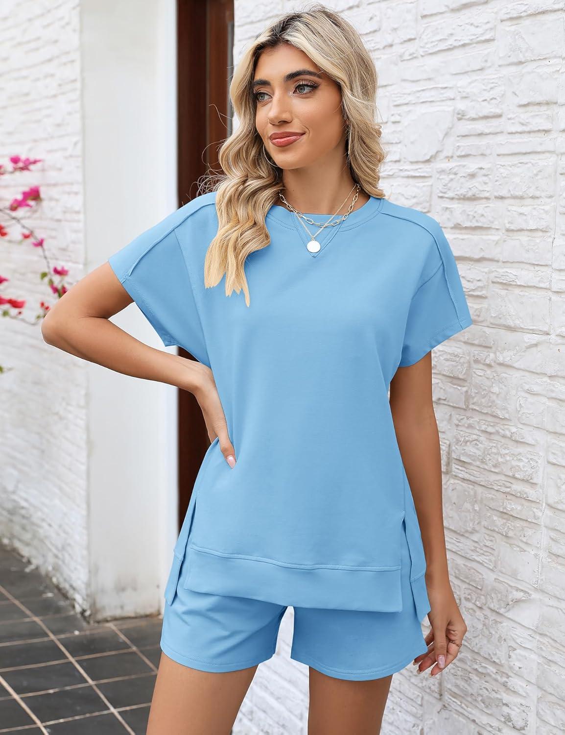 image:imageLOMON Womens Fashion 2 Piece Outfits Sweatsuits 2026 Summer Short Sleeve Loungewear Tracksuit Round Neck Lounge Shorts SetsSky Blue