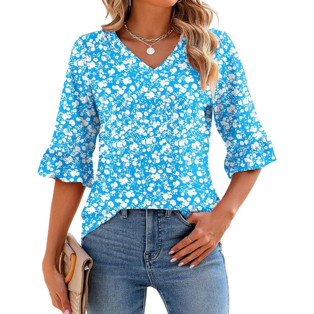 image:imageLOMON 34 Length Sleeve Womens Tops Summer VNeck Blouses Spring Ruffle Sleeve Tunic TShirts Dressy CasualA1 Blue White Floral
