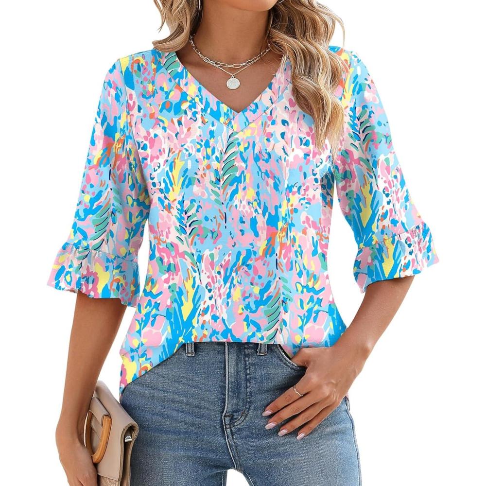 image:imageLOMON 34 Length Sleeve Womens Tops Summer VNeck Blouses Spring Ruffle Sleeve Tunic TShirts Dressy CasualA1 Color Printing