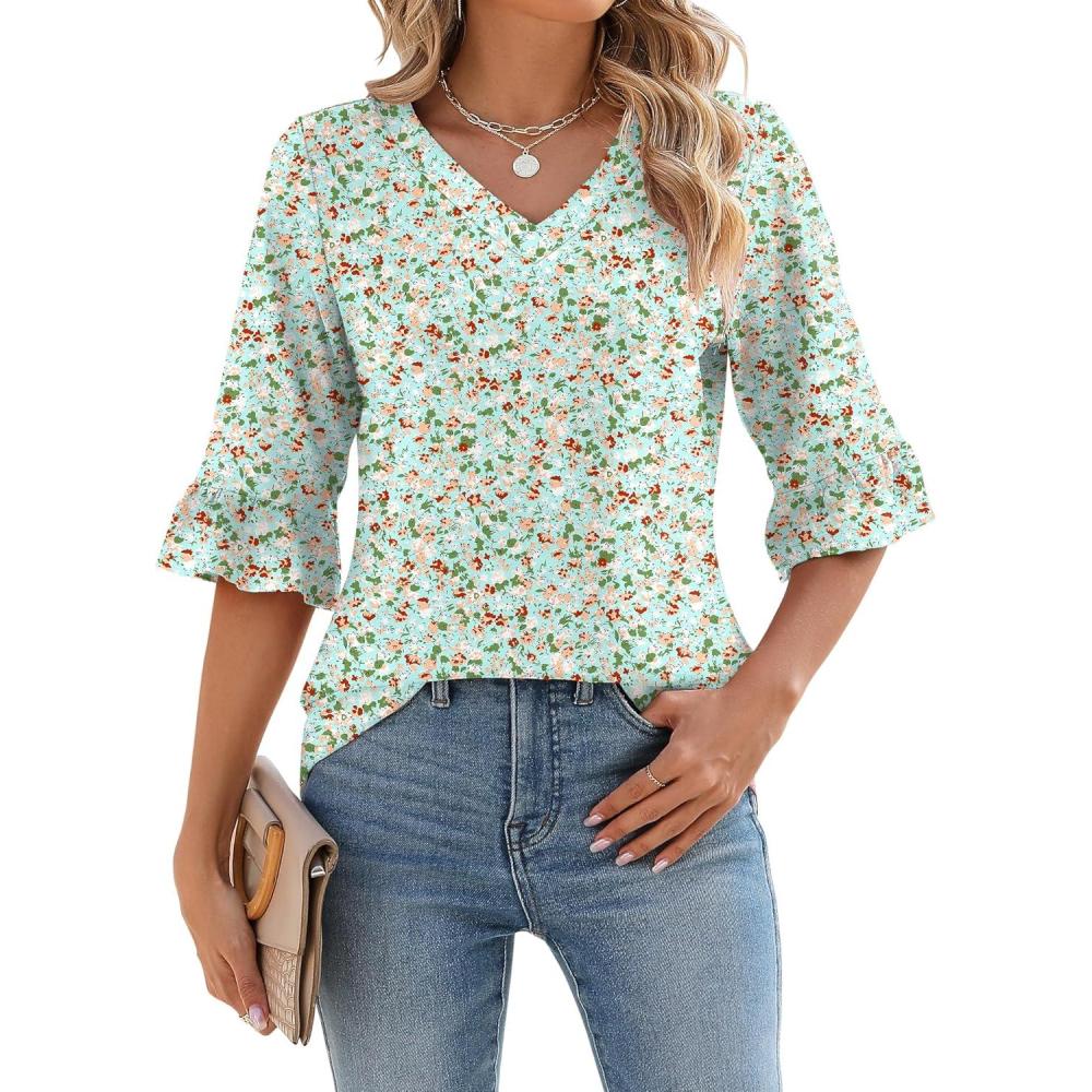 image:imageLOMON 34 Length Sleeve Womens Tops Summer VNeck Blouses Spring Ruffle Sleeve Tunic TShirts Dressy CasualA1 Green White Floral