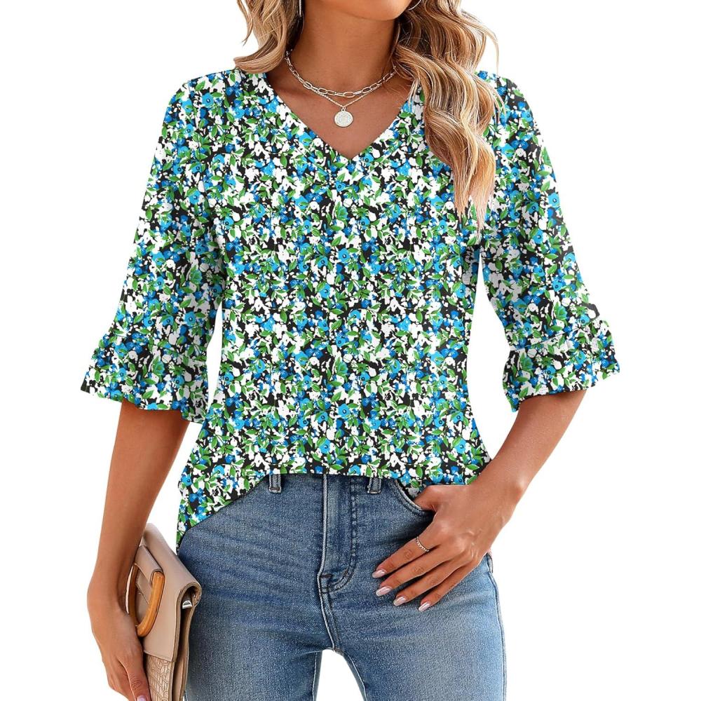 image:imageLOMON 34 Length Sleeve Womens Tops Summer VNeck Blouses Spring Ruffle Sleeve Tunic TShirts Dressy CasualA2 Blue Green Floral