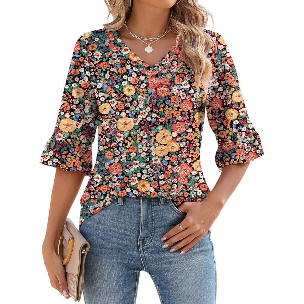 image:imageLOMON 34 Length Sleeve Womens Tops Summer VNeck Blouses Spring Ruffle Sleeve Tunic TShirts Dressy CasualA2 Colorful Floral