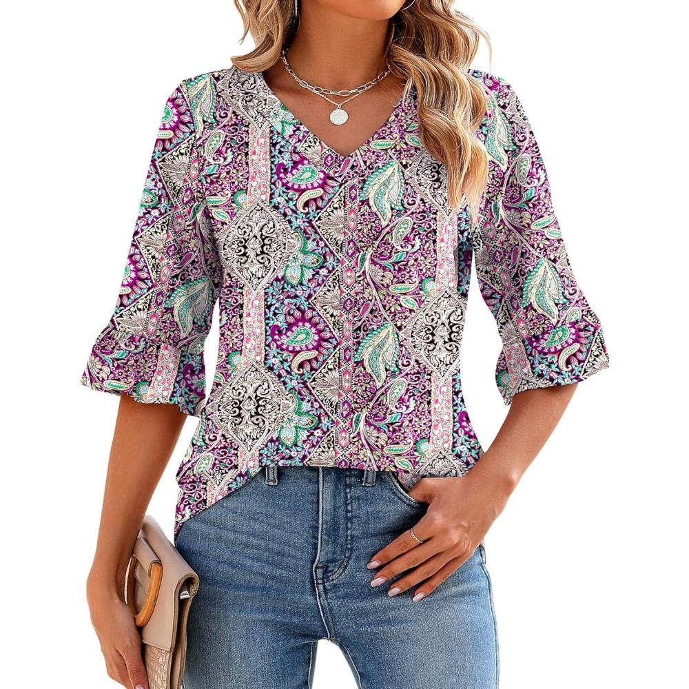 image:imageLOMON 34 Length Sleeve Womens Tops Summer VNeck Blouses Spring Ruffle Sleeve Tunic TShirts Dressy CasualA2 Purple Ethnic