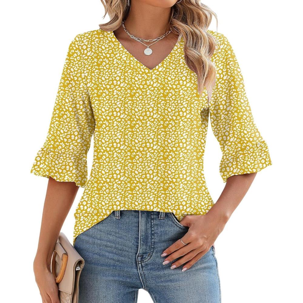 image:imageLOMON 34 Length Sleeve Womens Tops Summer VNeck Blouses Spring Ruffle Sleeve Tunic TShirts Dressy CasualA2 Yellow White Dots