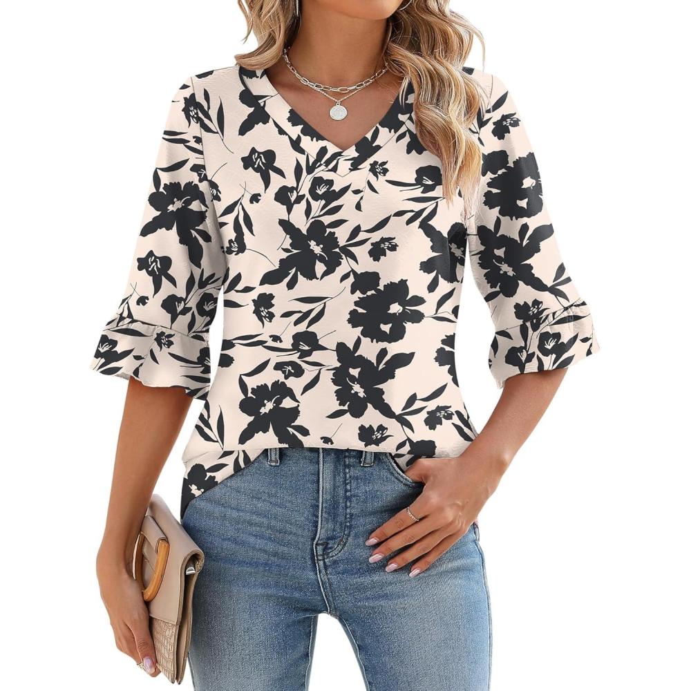 image:imageLOMON 34 Length Sleeve Womens Tops Summer VNeck Blouses Spring Ruffle Sleeve Tunic TShirts Dressy CasualApricot Black Floral
