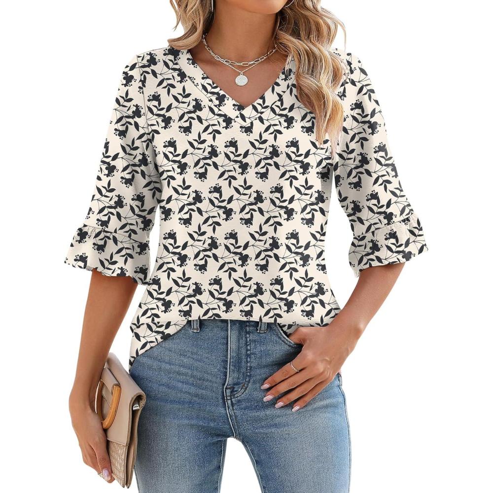 image:imageLOMON 34 Length Sleeve Womens Tops Summer VNeck Blouses Spring Ruffle Sleeve Tunic TShirts Dressy CasualApricot Black Leaf