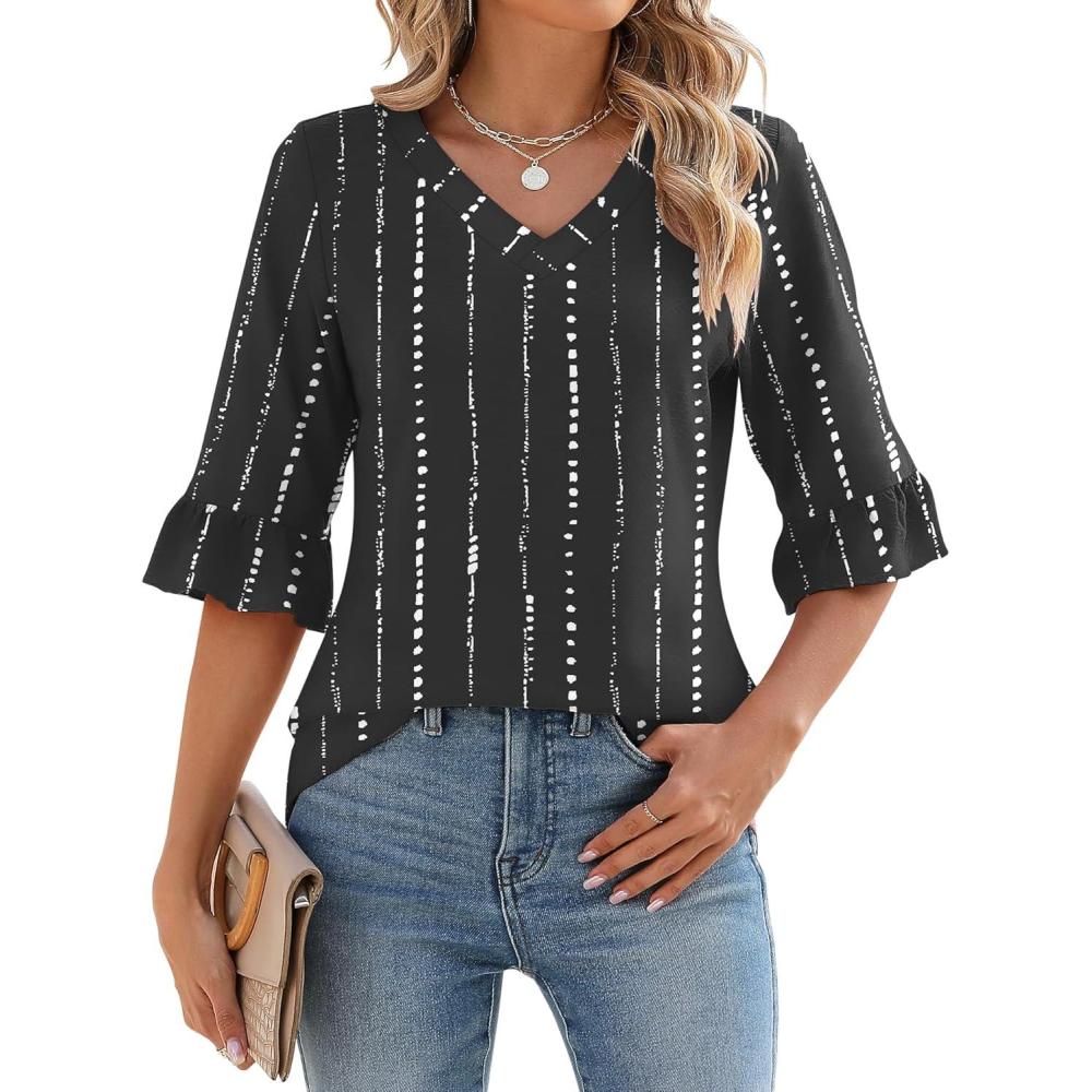 image:imageLOMON 34 Length Sleeve Womens Tops Summer VNeck Blouses Spring Ruffle Sleeve Tunic TShirts Dressy CasualBlackwhite Stripes