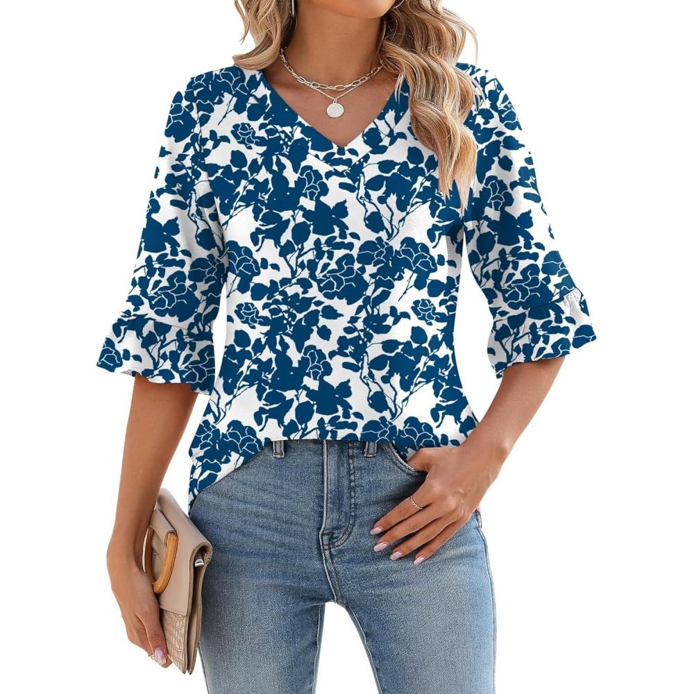 image:imageLOMON 34 Length Sleeve Womens Tops Summer VNeck Blouses Spring Ruffle Sleeve Tunic TShirts Dressy CasualFloral 20