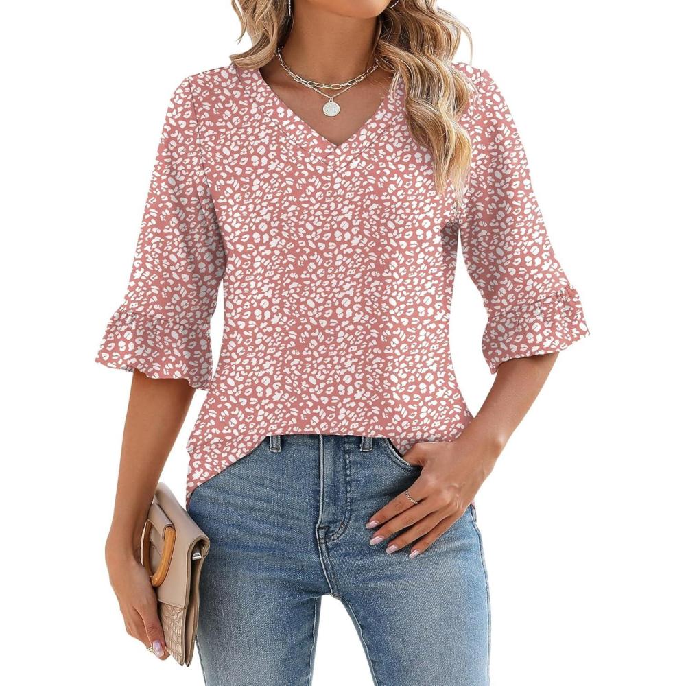 image:imageLOMON 34 Length Sleeve Womens Tops Summer VNeck Blouses Spring Ruffle Sleeve Tunic TShirts Dressy CasualFloral 21