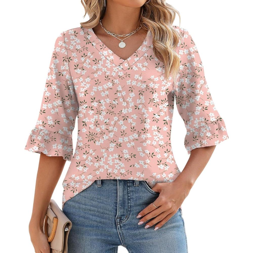 image:imageLOMON 34 Length Sleeve Womens Tops Summer VNeck Blouses Spring Ruffle Sleeve Tunic TShirts Dressy CasualFloral 22