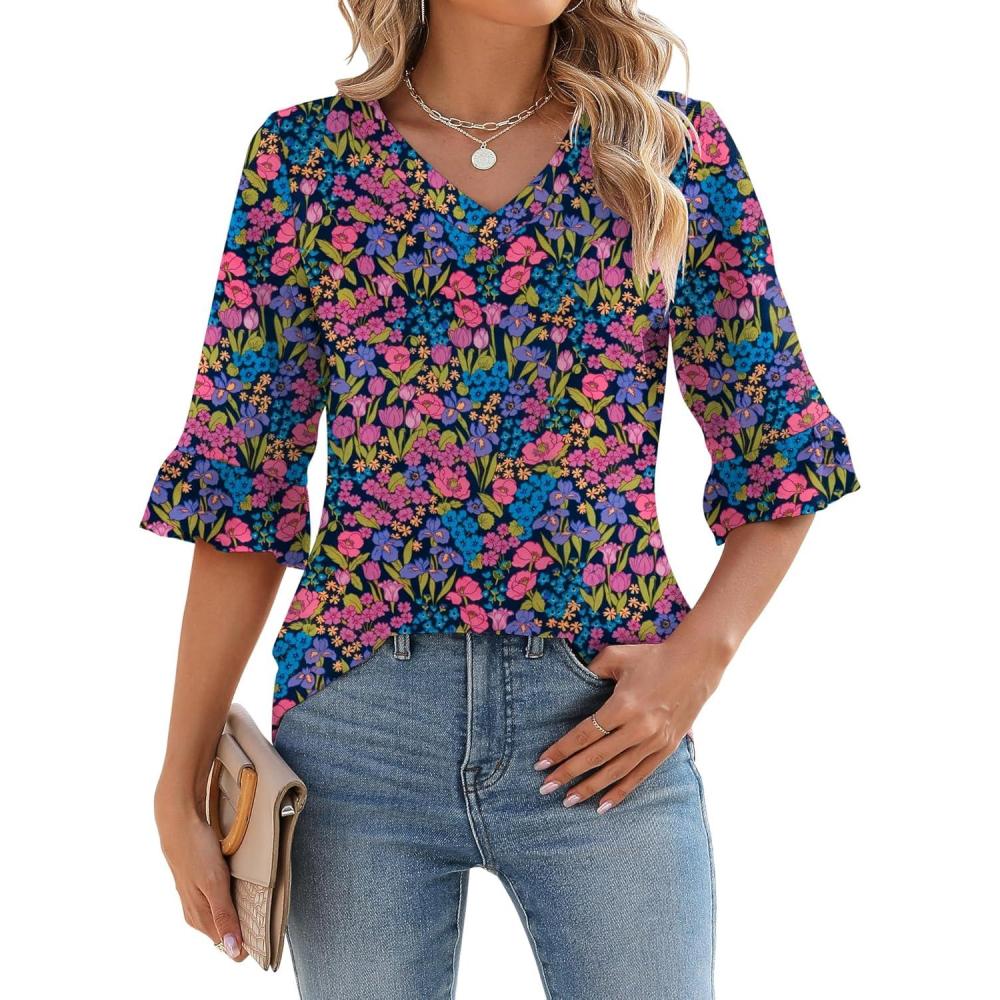 image:imageLOMON 34 Length Sleeve Womens Tops Summer VNeck Blouses Spring Ruffle Sleeve Tunic TShirts Dressy CasualFloral 25