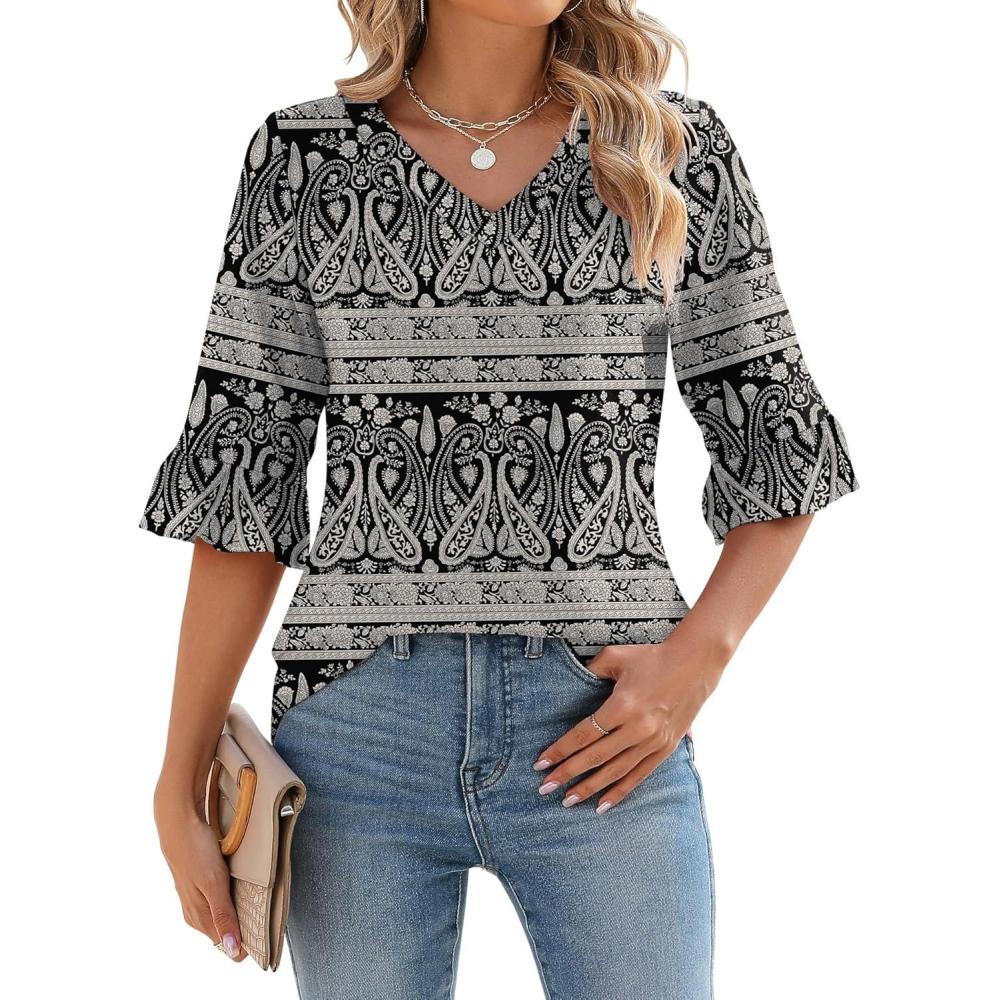 image:imageLOMON 34 Length Sleeve Womens Tops Summer VNeck Blouses Spring Ruffle Sleeve Tunic TShirts Dressy CasualFloral 26