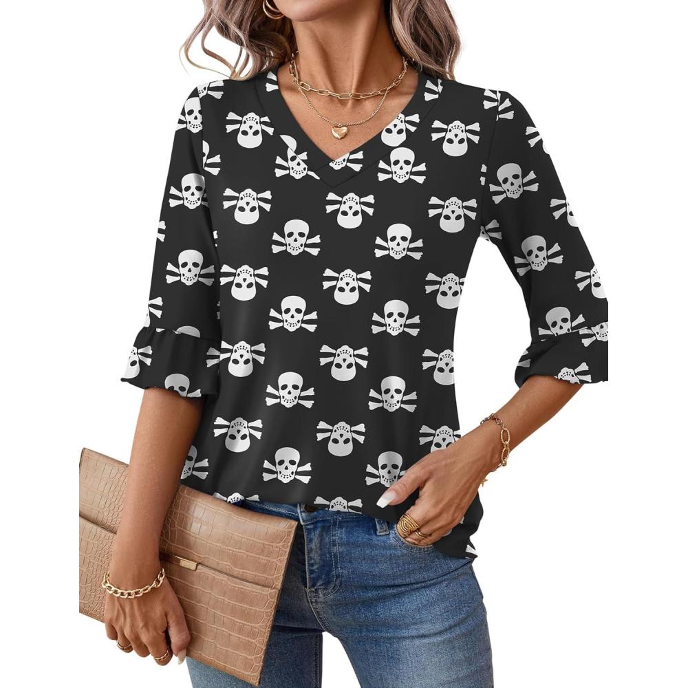 image:imageLOMON 34 Length Sleeve Womens Tops Summer VNeck Blouses Spring Ruffle Sleeve Tunic TShirts Dressy CasualHalloween Ghost