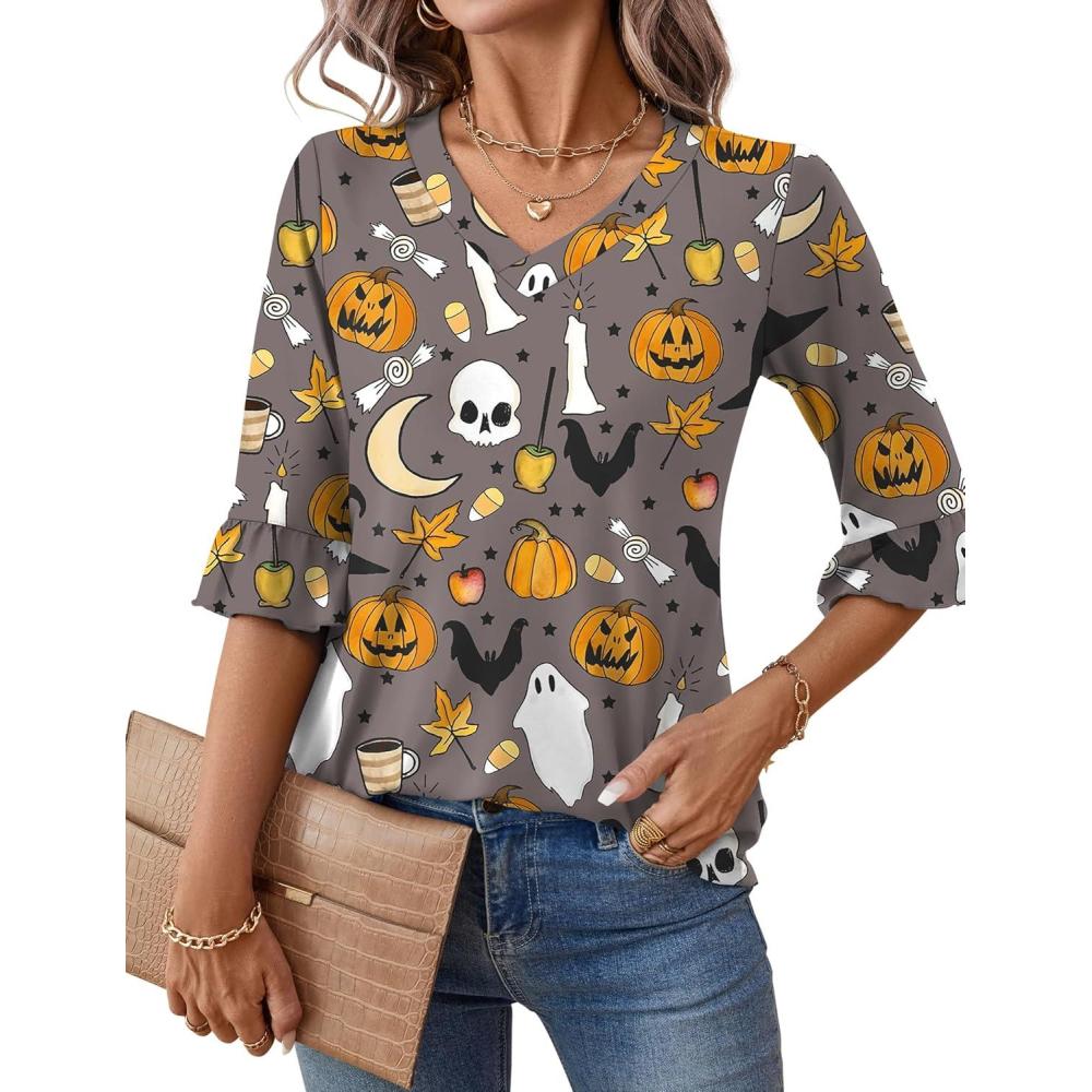 image:imageLOMON 34 Length Sleeve Womens Tops Summer VNeck Blouses Spring Ruffle Sleeve Tunic TShirts Dressy CasualHalloween Grey